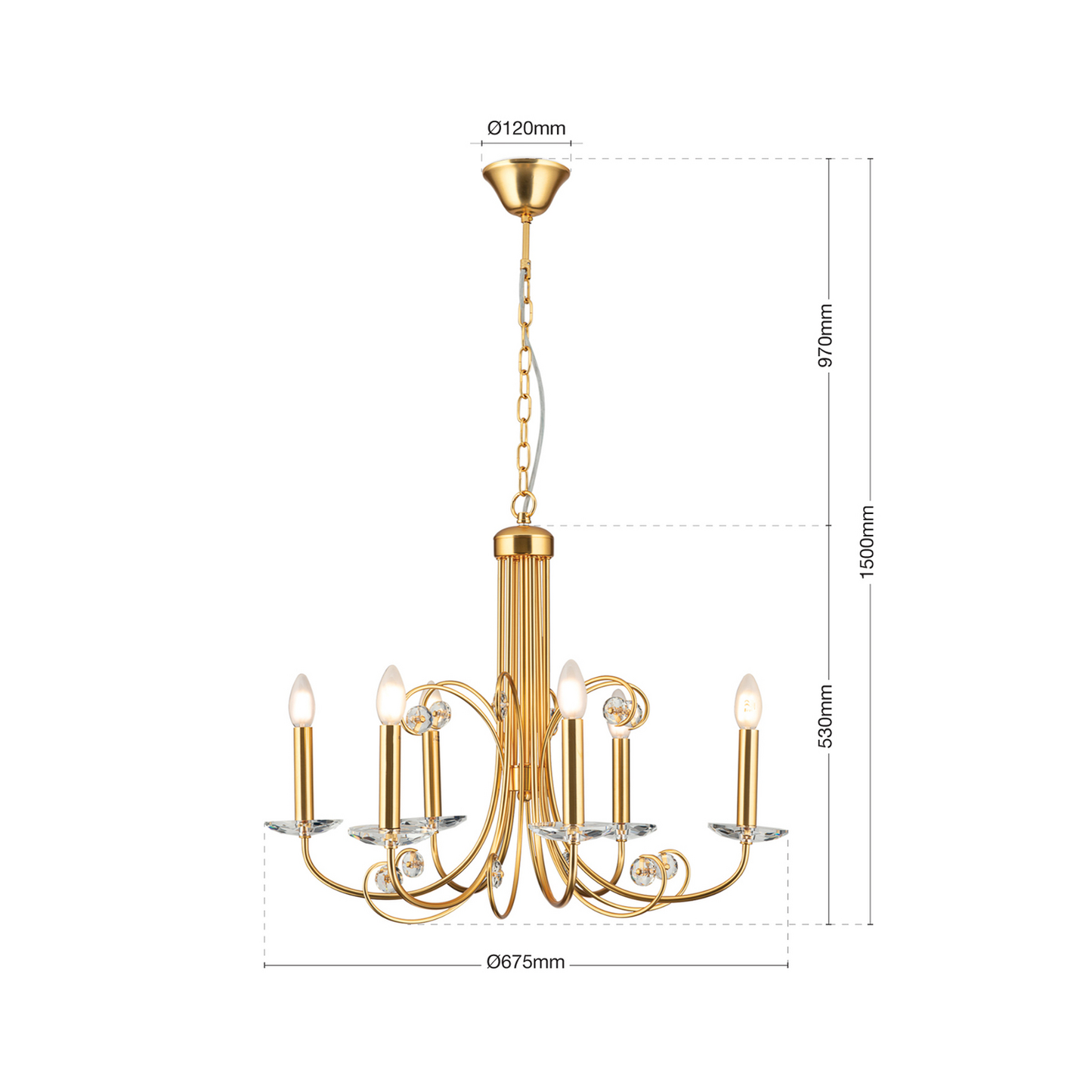 Ariane ljósakróna í B-flokki, gulllitað kristal, 6 ljósastaura.