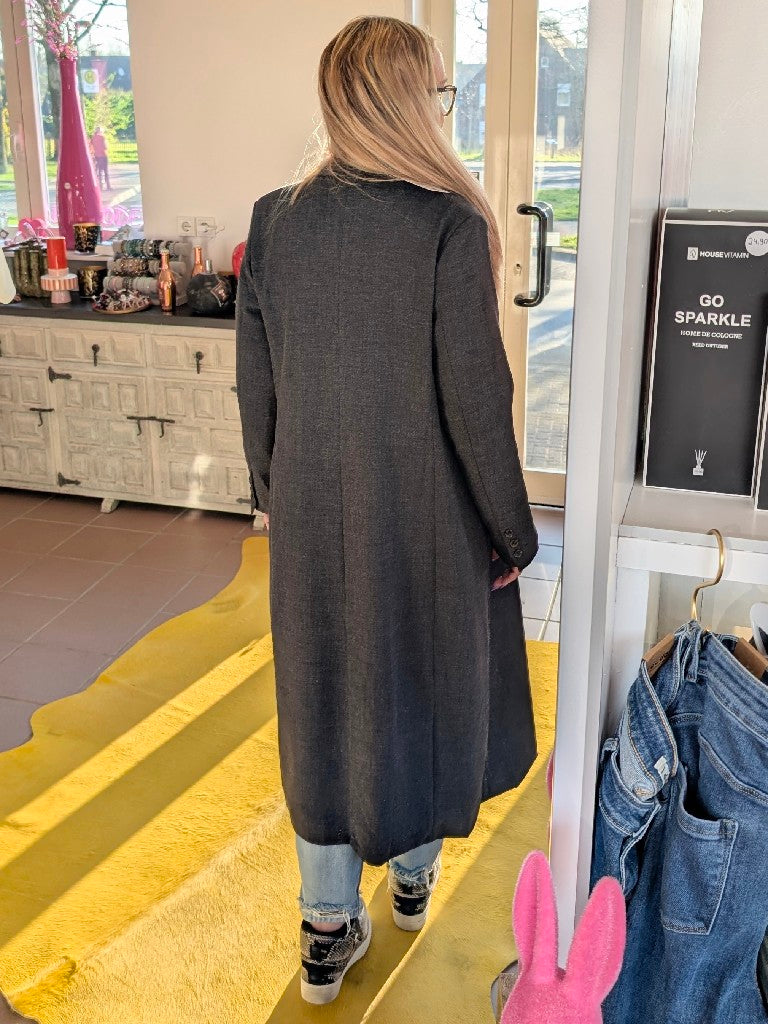 Eleganter doppelreihiger langer Blazer Mantel in Anthrazit für Damen von ATTENTIF