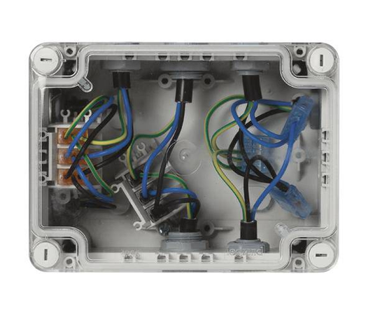 Tengikassi frá Legrand í B-flokki, uppsetningarkassi 035901, dreifikassi 75 x 130 x 74 mm