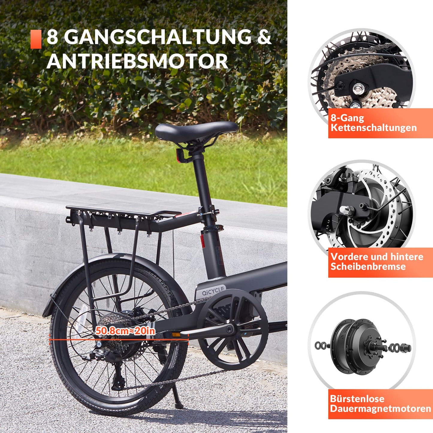 QiCYCLE rafmagnshjól, 20 tommu samanbrjótanlegt rafmagnshjól með 8 gírum, allt að 25 km/klst. fyrir unglinga og fullorðna.