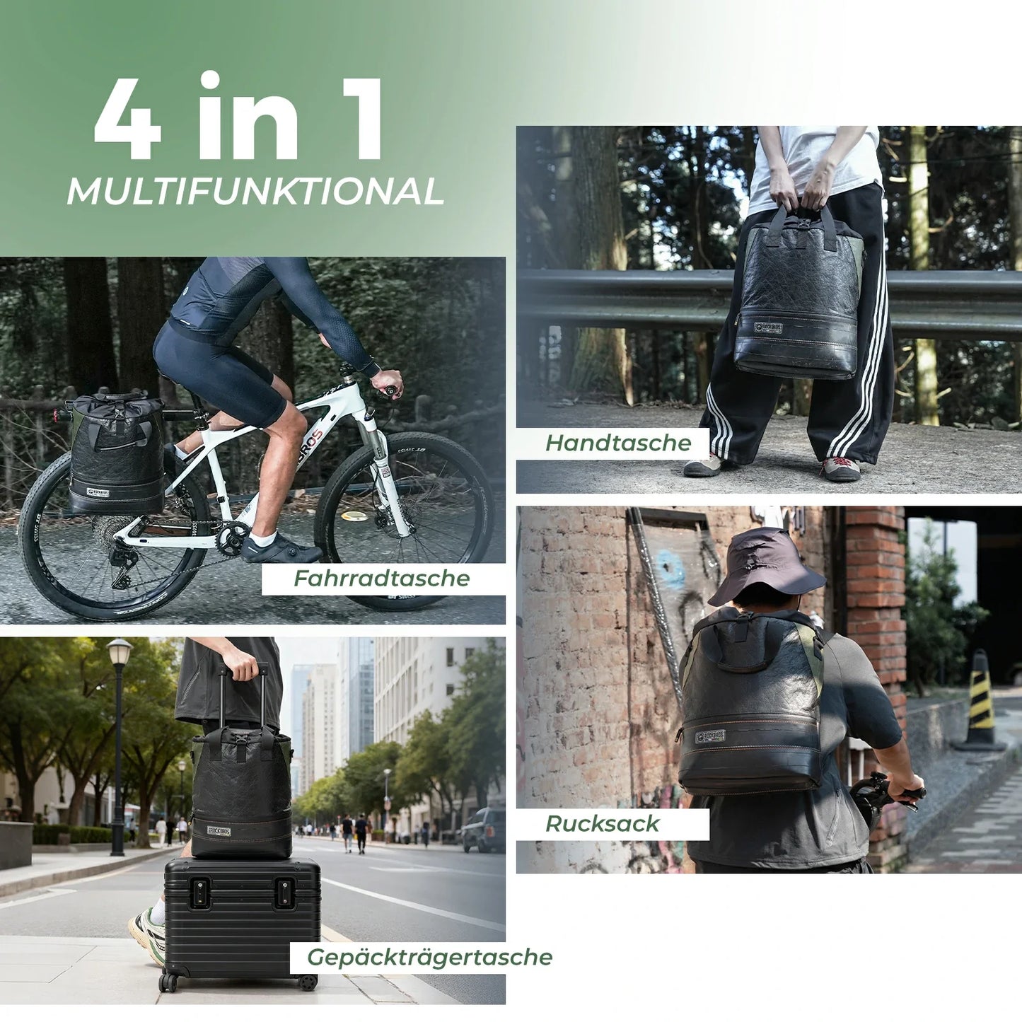 ROAD TO SKY Sjálfbær hjólataska úr endurunnum dekkjum, 12 lítrar