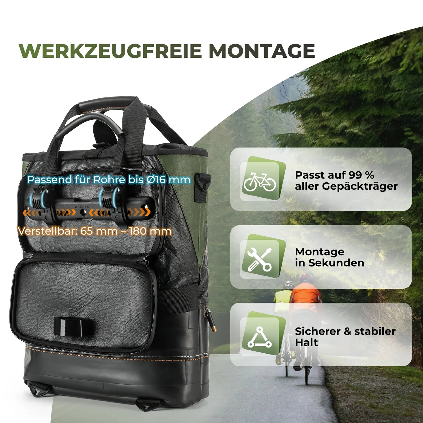 ROAD TO SKY Sjálfbær hjólataska úr endurunnum dekkjum, 12 lítrar