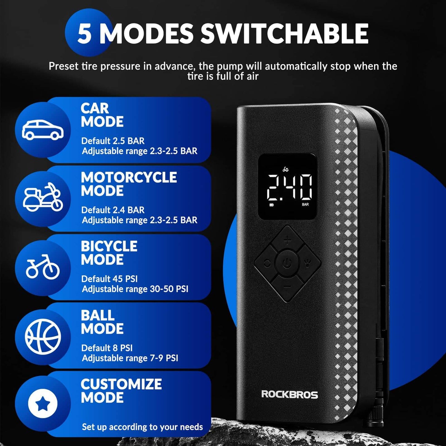 Mini Electric Air Pump 7-150PSI 5 Modes