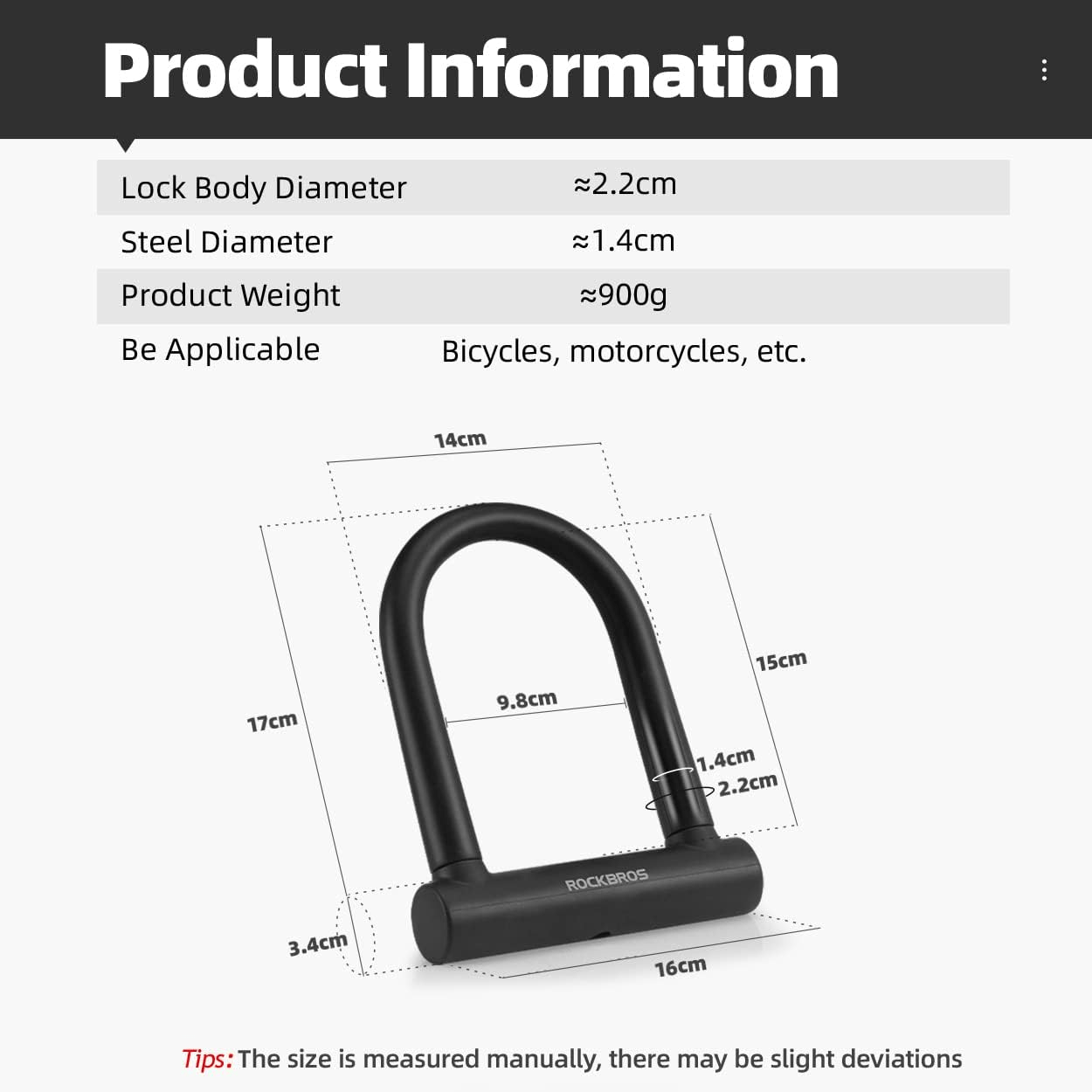 ROCKBROS Bicycle U-Lock for Bicycles &amp; Motorcycles made of alloy