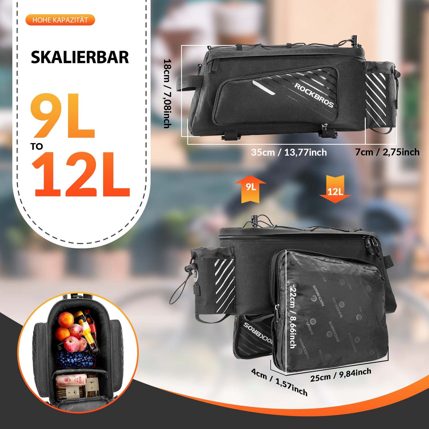 ROCKBROS Fahrrad Gepäckträgertasche Schwarz 9-12L mit 2 faltbare Seitentaschen