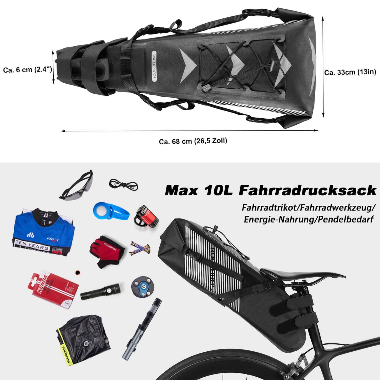 ROCKBROS Bicycle Saddle Bag IPX7 Waterproof Seat Bag 10L