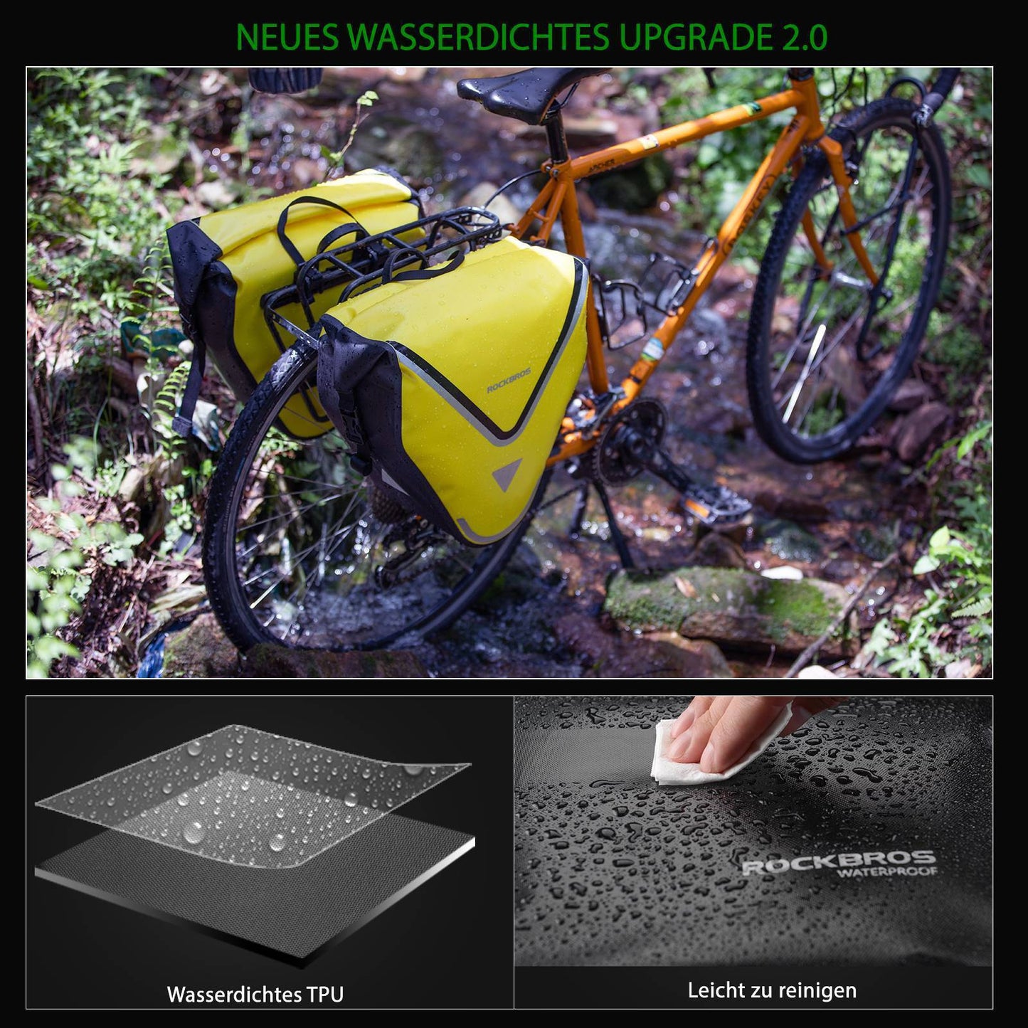ROCKBROS hjólaflutningstaska 100% vatnsheld með axlaról 20L gulur/svört gulllitaður