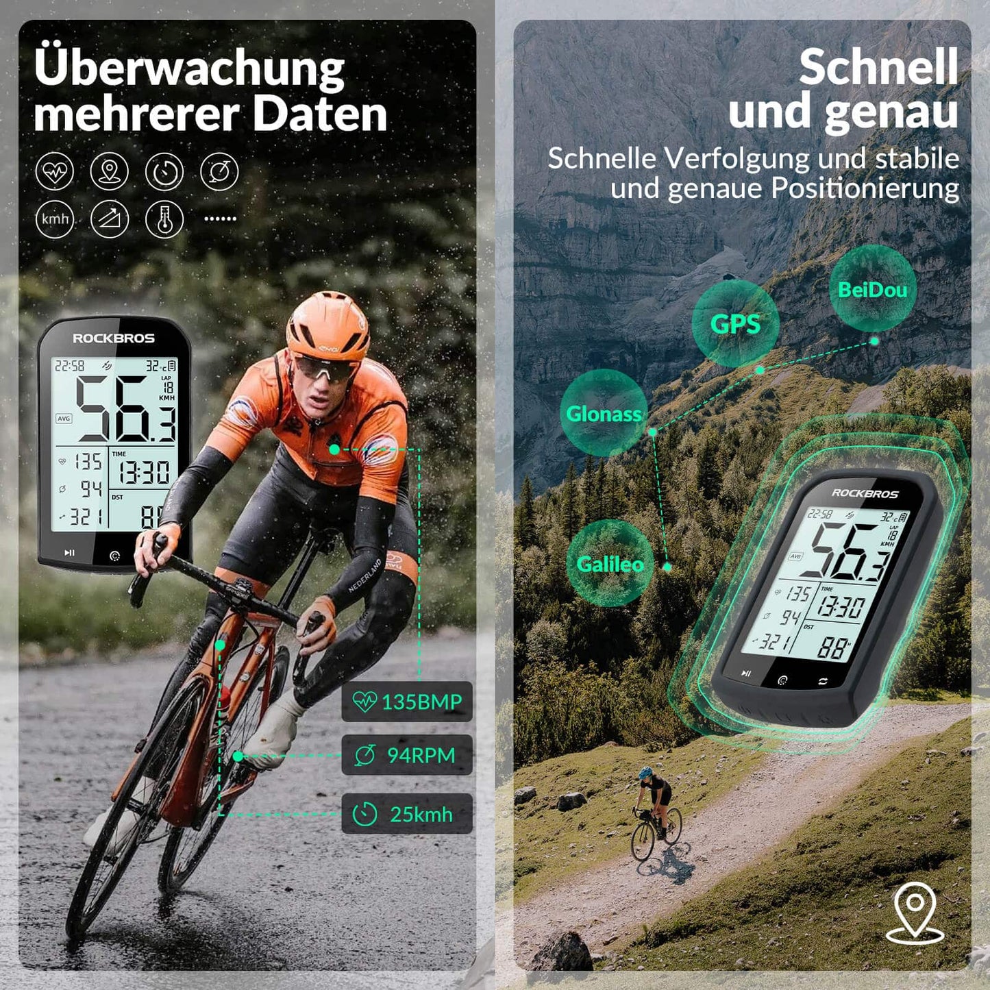 ROCKBROS Fahrradcomputer Kabellos GPS wasserdicht Tachometer und Kilometerzähler