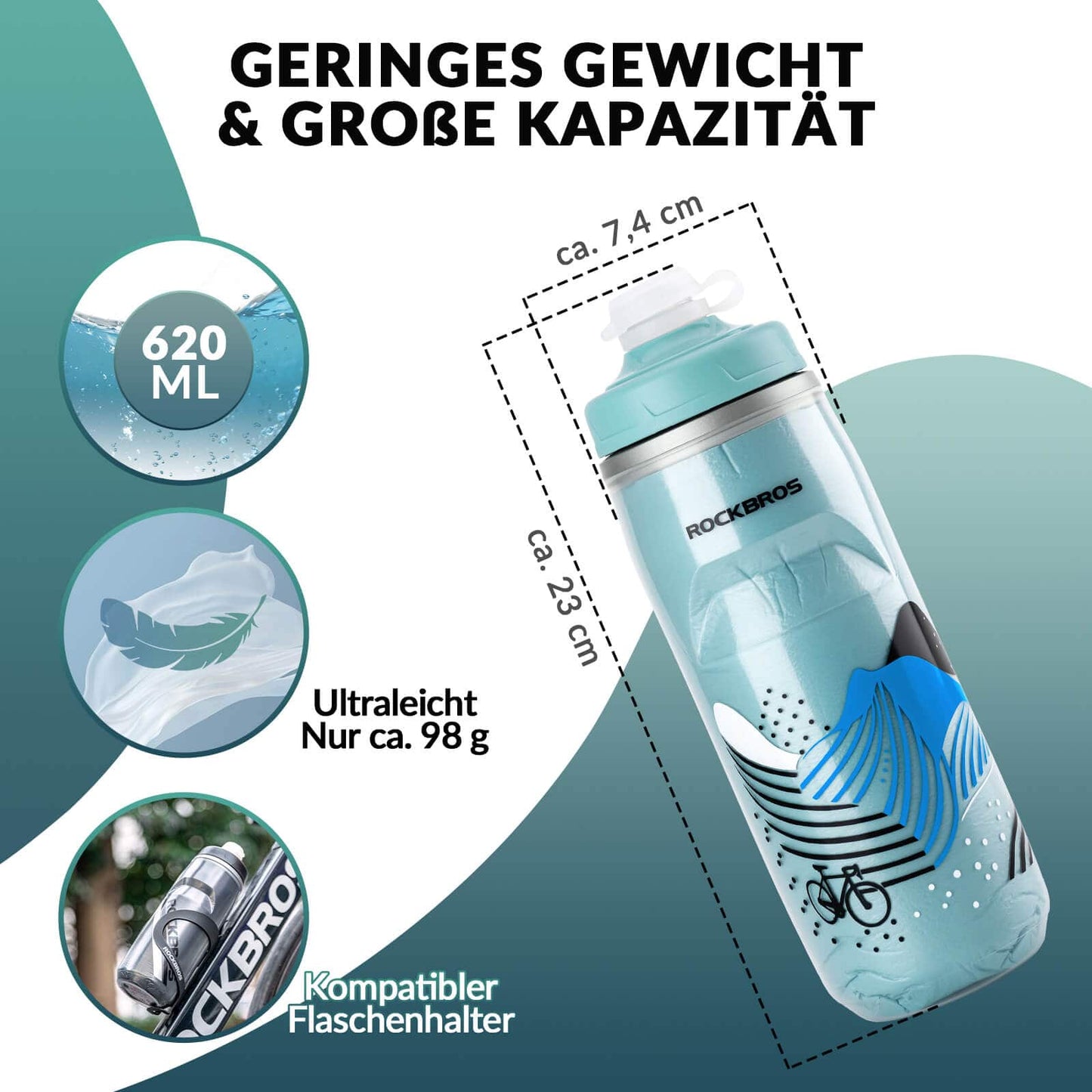 ROCKBROS reiðhjólaflaska 620 ml íþróttaflaska með 5 klukkustunda kælivirkni