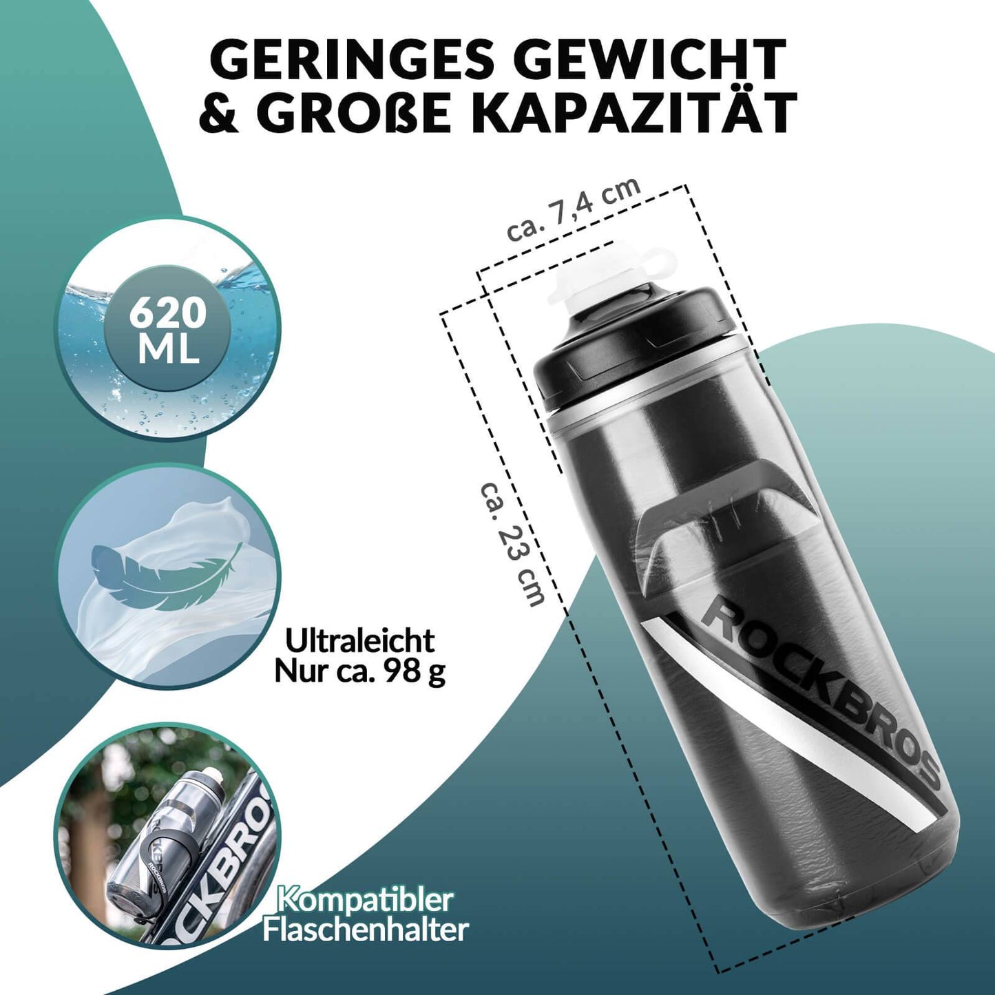 ROCKBROS reiðhjólaflaska 620 ml íþróttaflaska með 5 klukkustunda kælivirkni