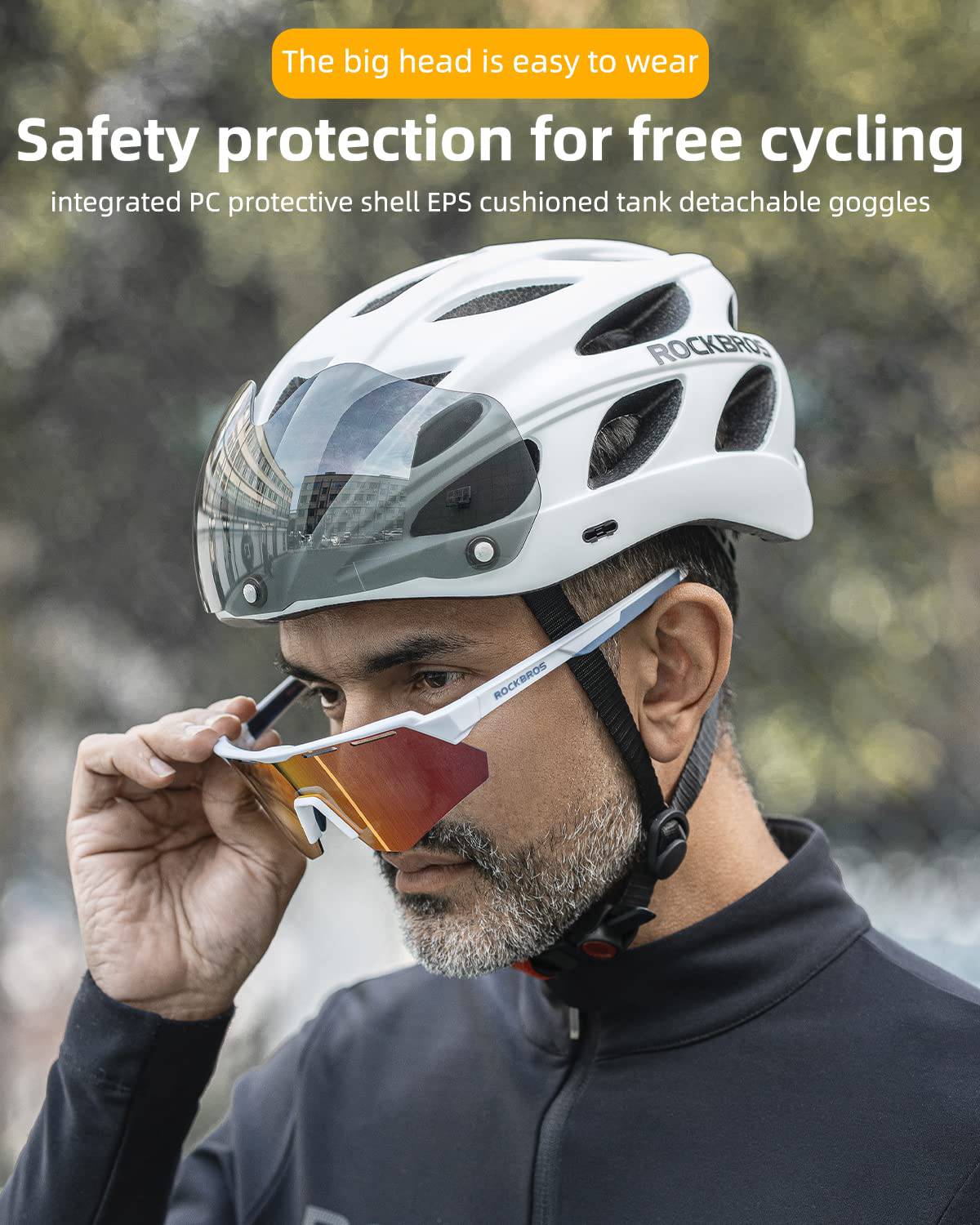 ROCKBROS reiðhjólahjálmur með innbyggðum, færanlegum segulgleraugum og skjöldu