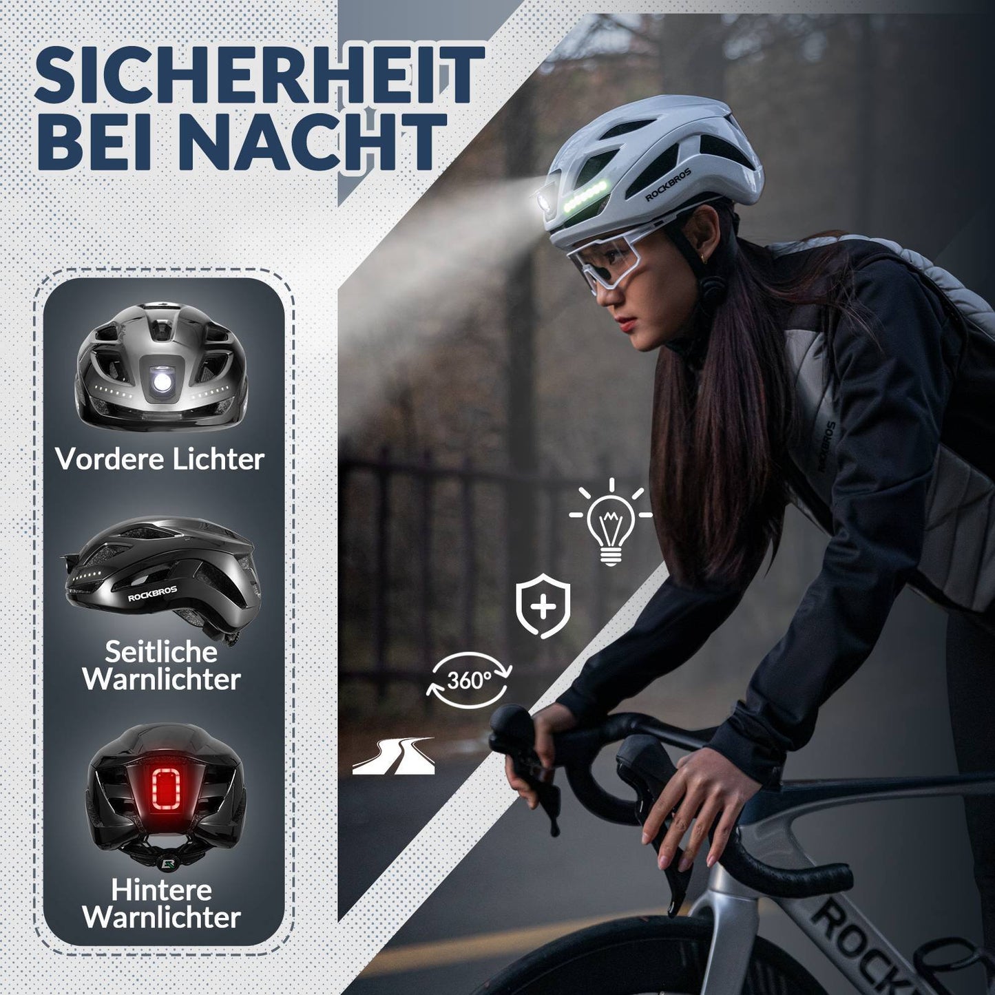 ROCKBROS Fahrradhelm mit Licht, mit USB 1800 mAh Atmungsaktiv 58-60 cm