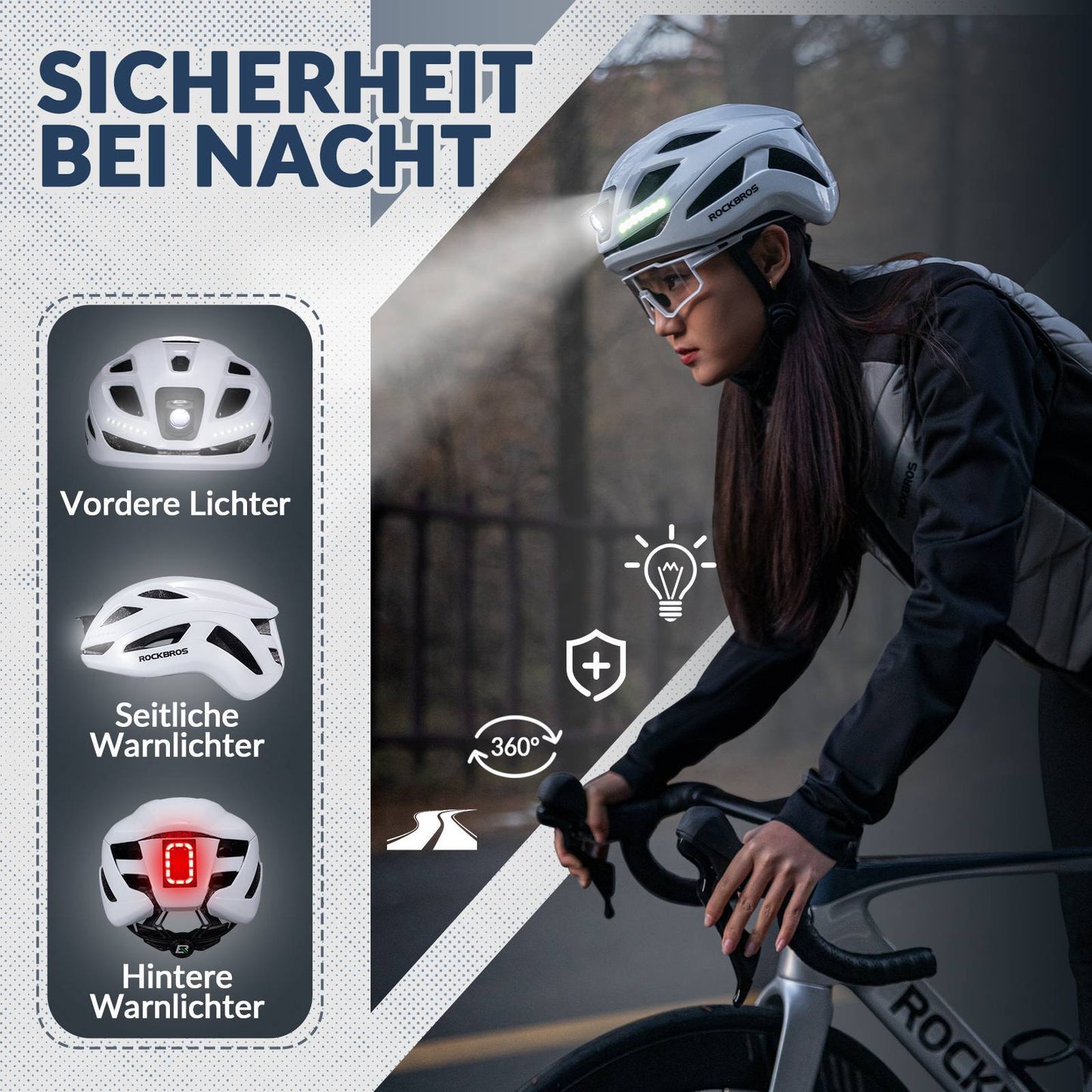 ROCKBROS Fahrradhelm mit Licht, mit USB 1800 mAh Atmungsaktiv 58-60 cm