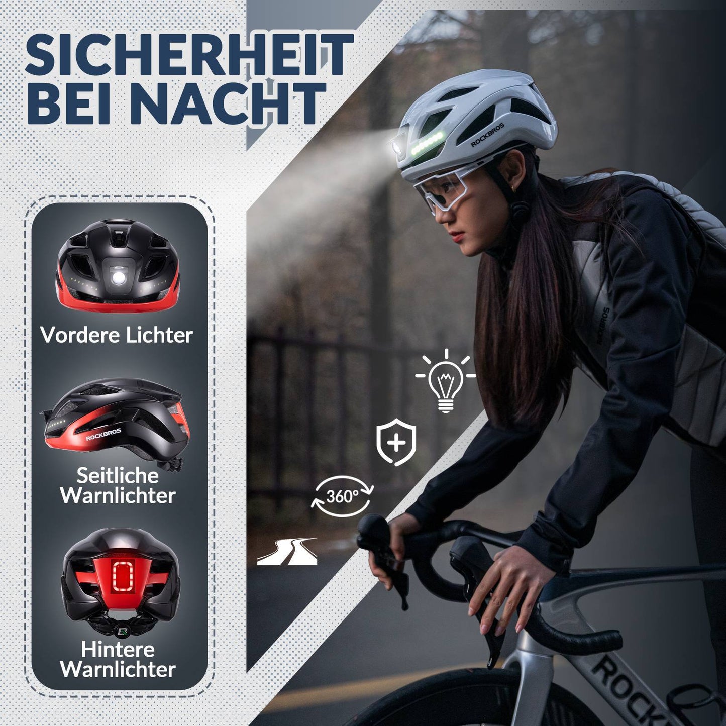 ROCKBROS Fahrradhelm mit Licht, mit USB 1800 mAh Atmungsaktiv 58-60 cm