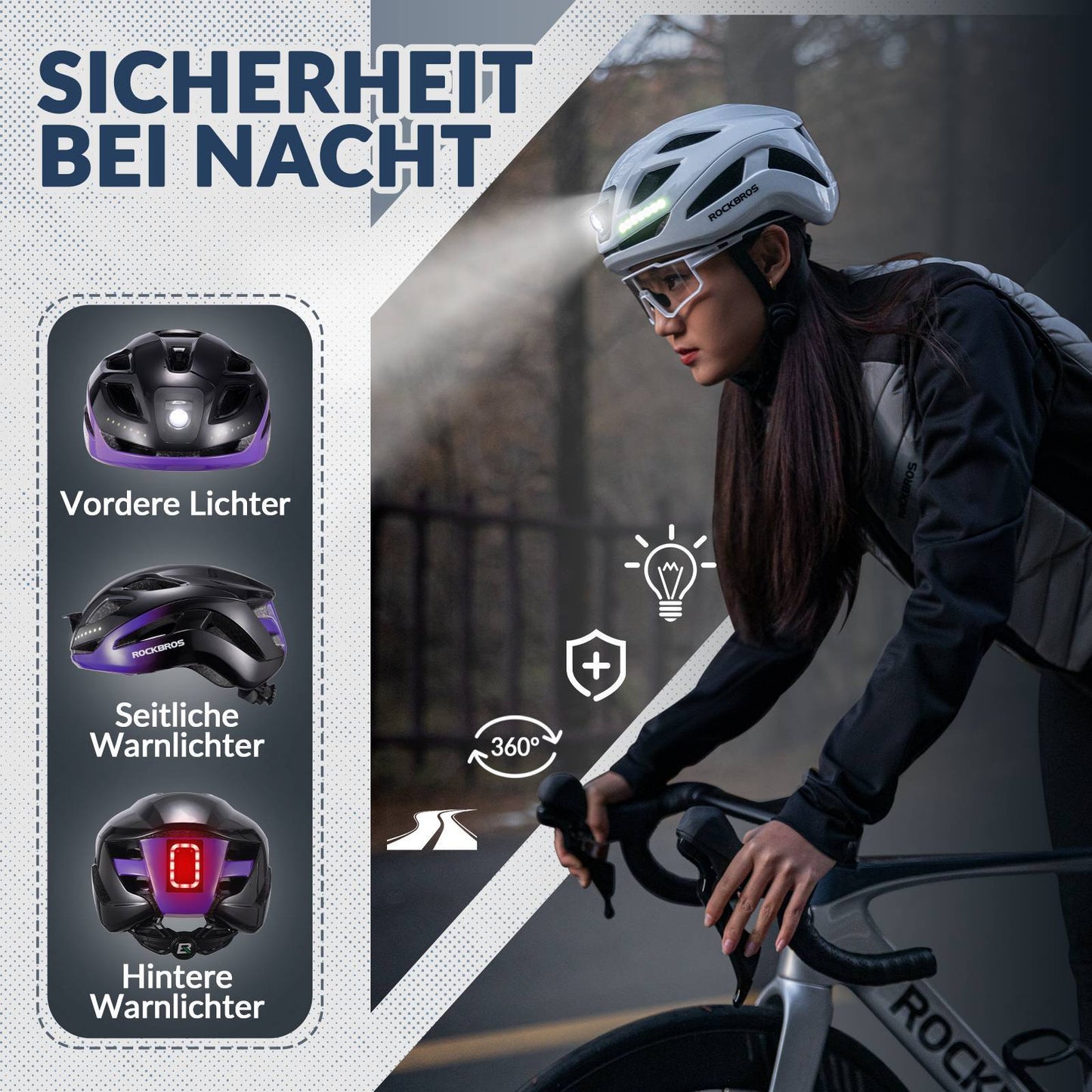 ROCKBROS Fahrradhelm mit Licht, mit USB 1800 mAh Atmungsaktiv 58-60 cm