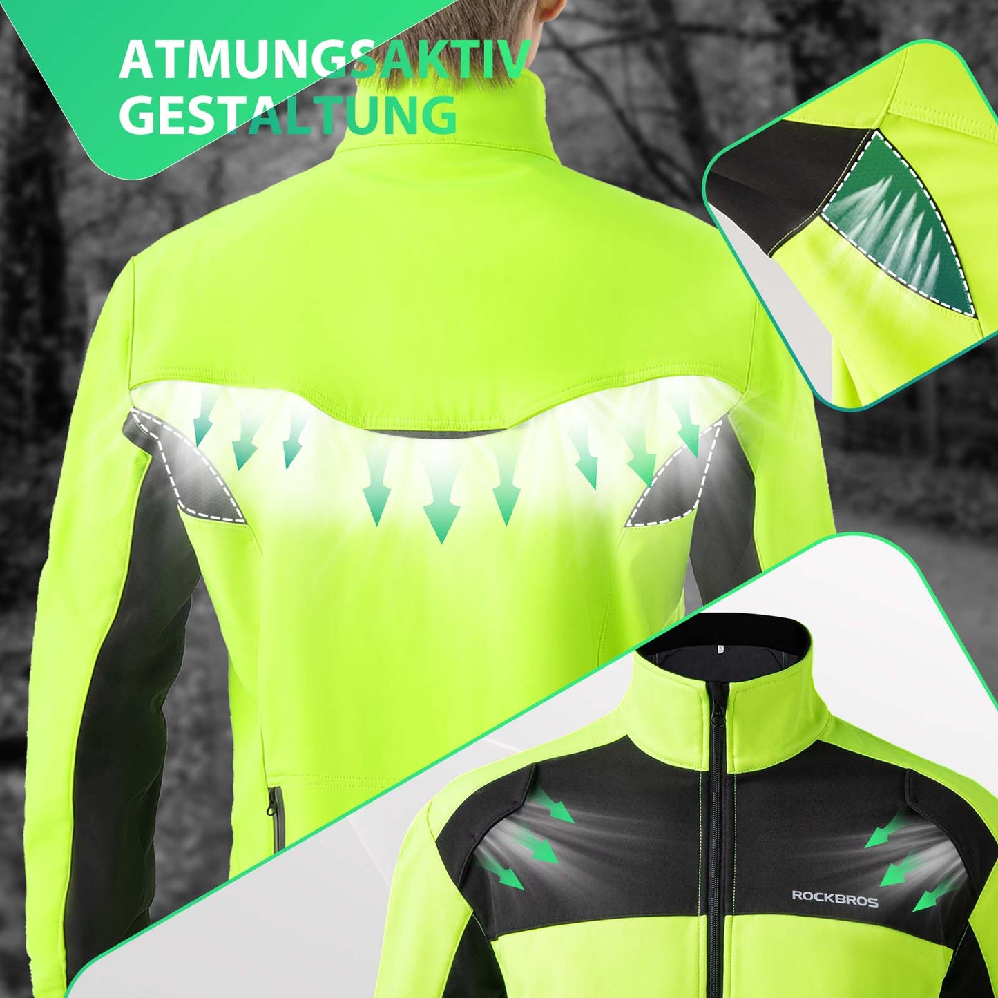 ROCKBROS vetrarhjólreiðajakki fyrir karla, skærgrænn