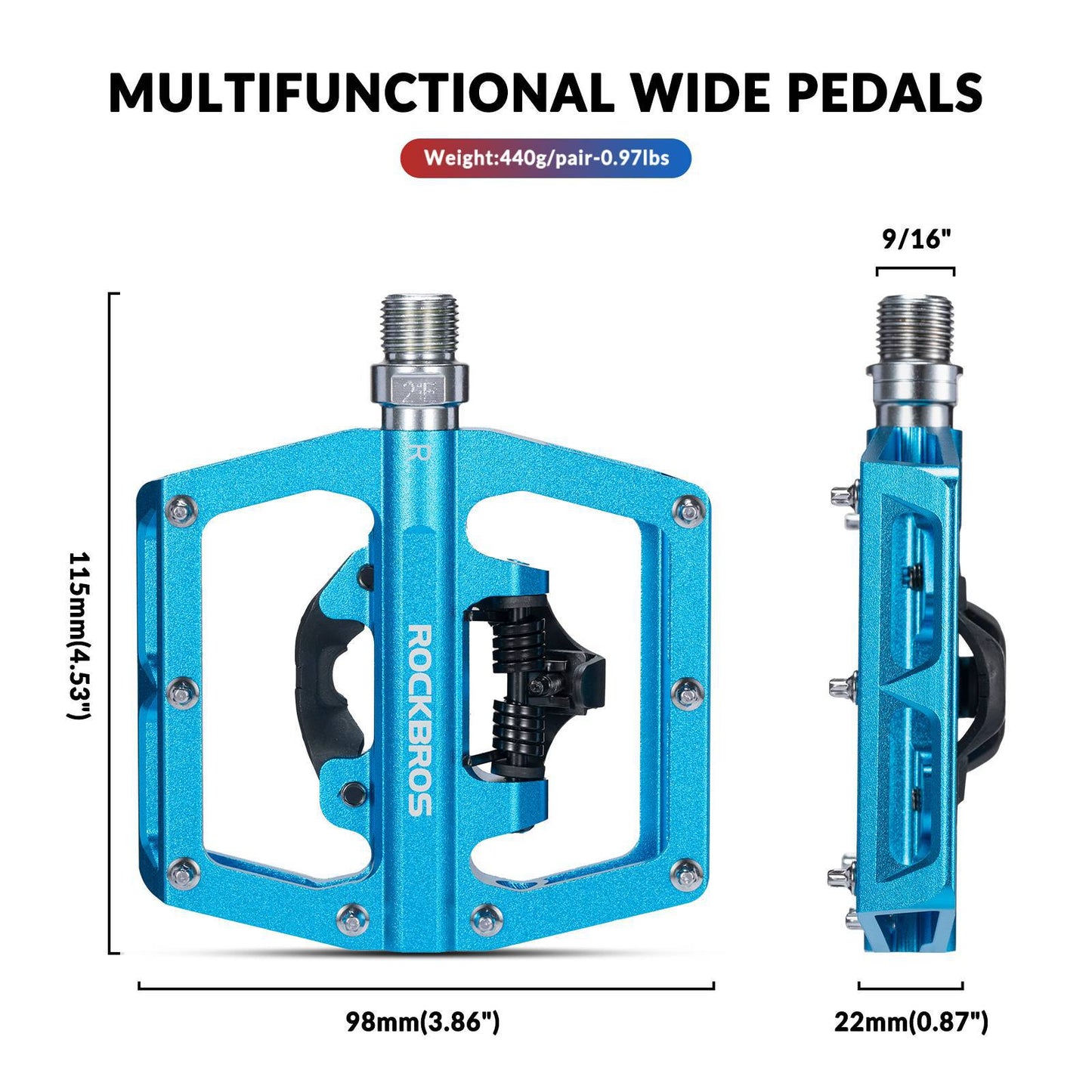 ROCKBROS Aluminum Bicycle Pedals 2 in 1 SPD Pedals for MTB, Road Bike, City Bike