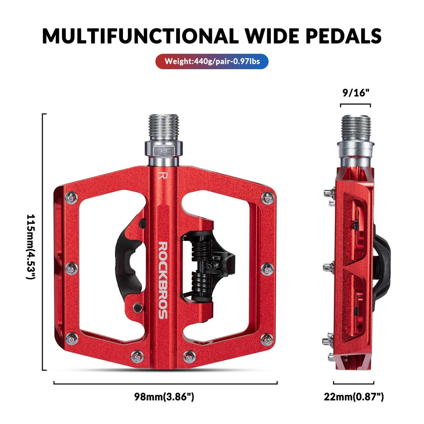 ROCKBROS Aluminum Bicycle Pedals 2 in 1 SPD Pedals for MTB, Road Bike, City Bike