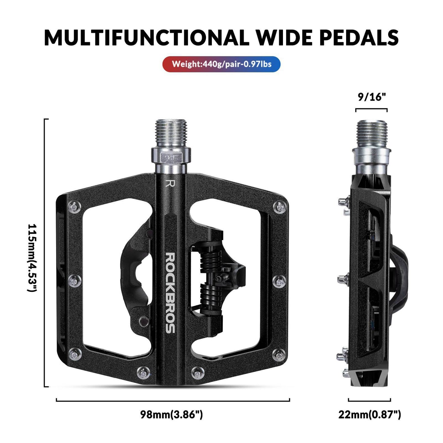 ROCKBROS Aluminum Bicycle Pedals 2 in 1 SPD Pedals for MTB, Road Bike, City Bike