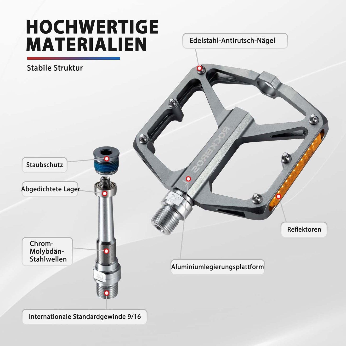 ROCKBROS hjólapedalar með endurskinsmerkjum, úr áli, 9/16 tommur