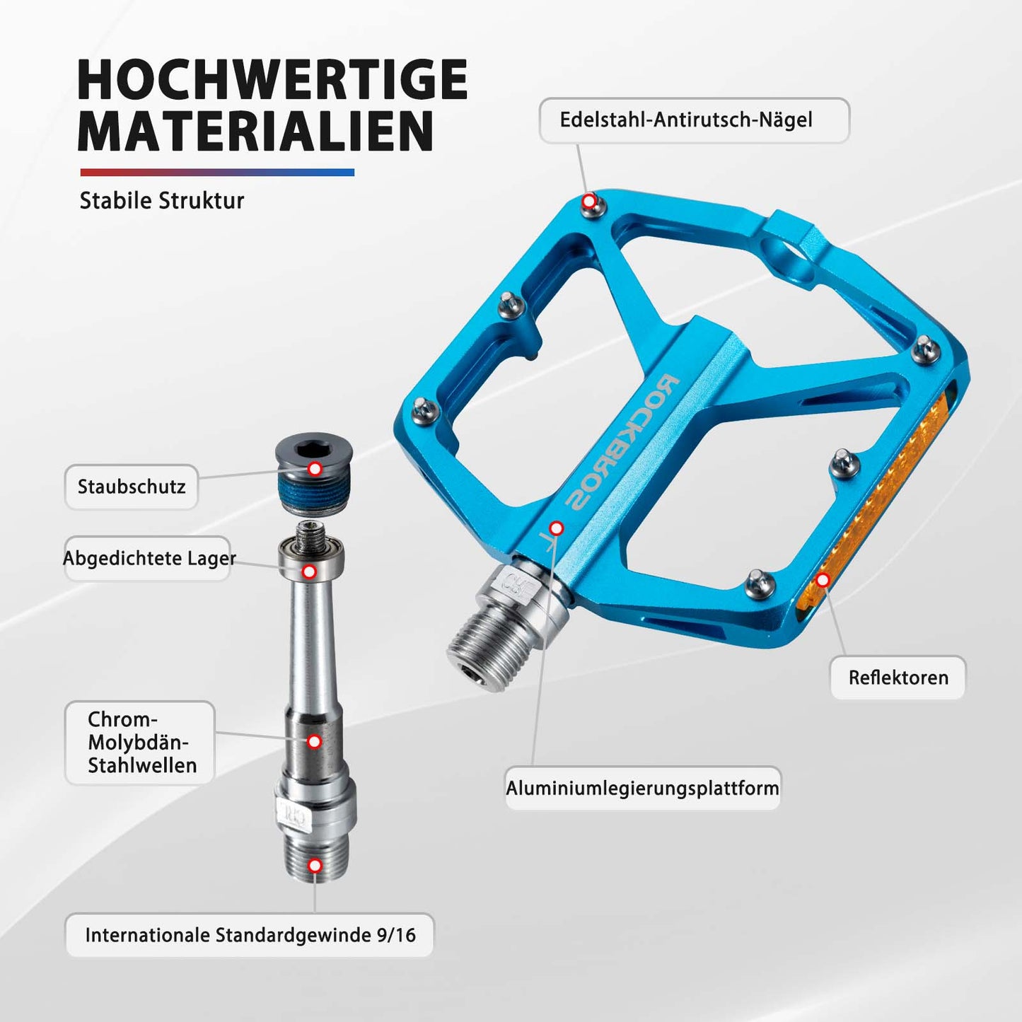 ROCKBROS hjólapedalar með endurskinsmerkjum, úr áli, 9/16 tommur