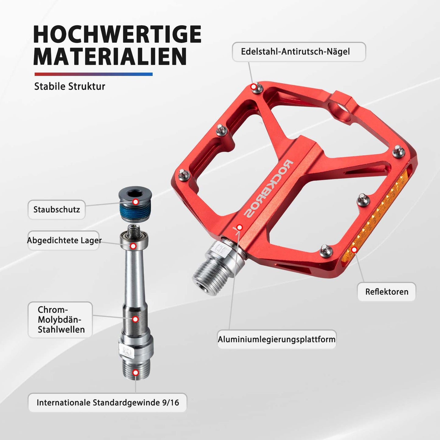 ROCKBROS hjólapedalar með endurskinsmerkjum, úr áli, 9/16 tommur