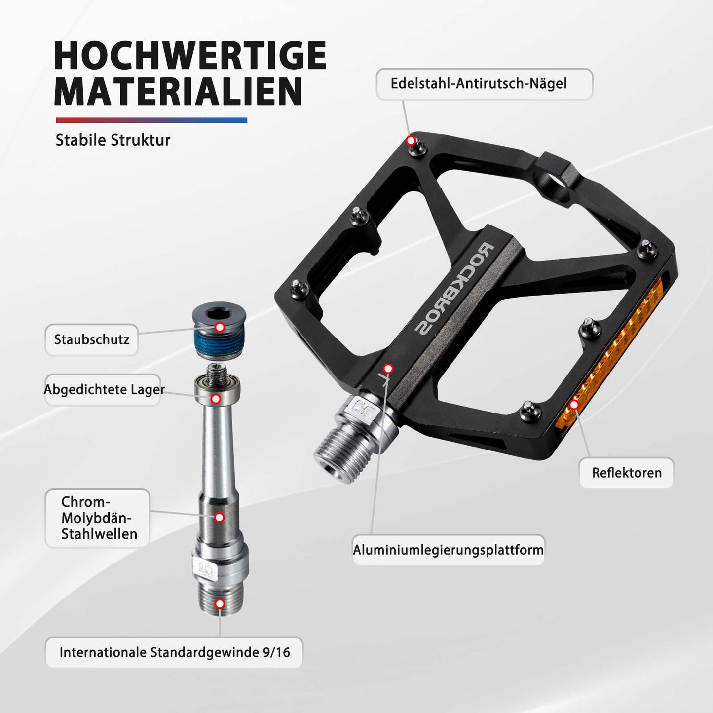 ROCKBROS hjólapedalar með endurskinsmerkjum, úr áli, 9/16 tommur