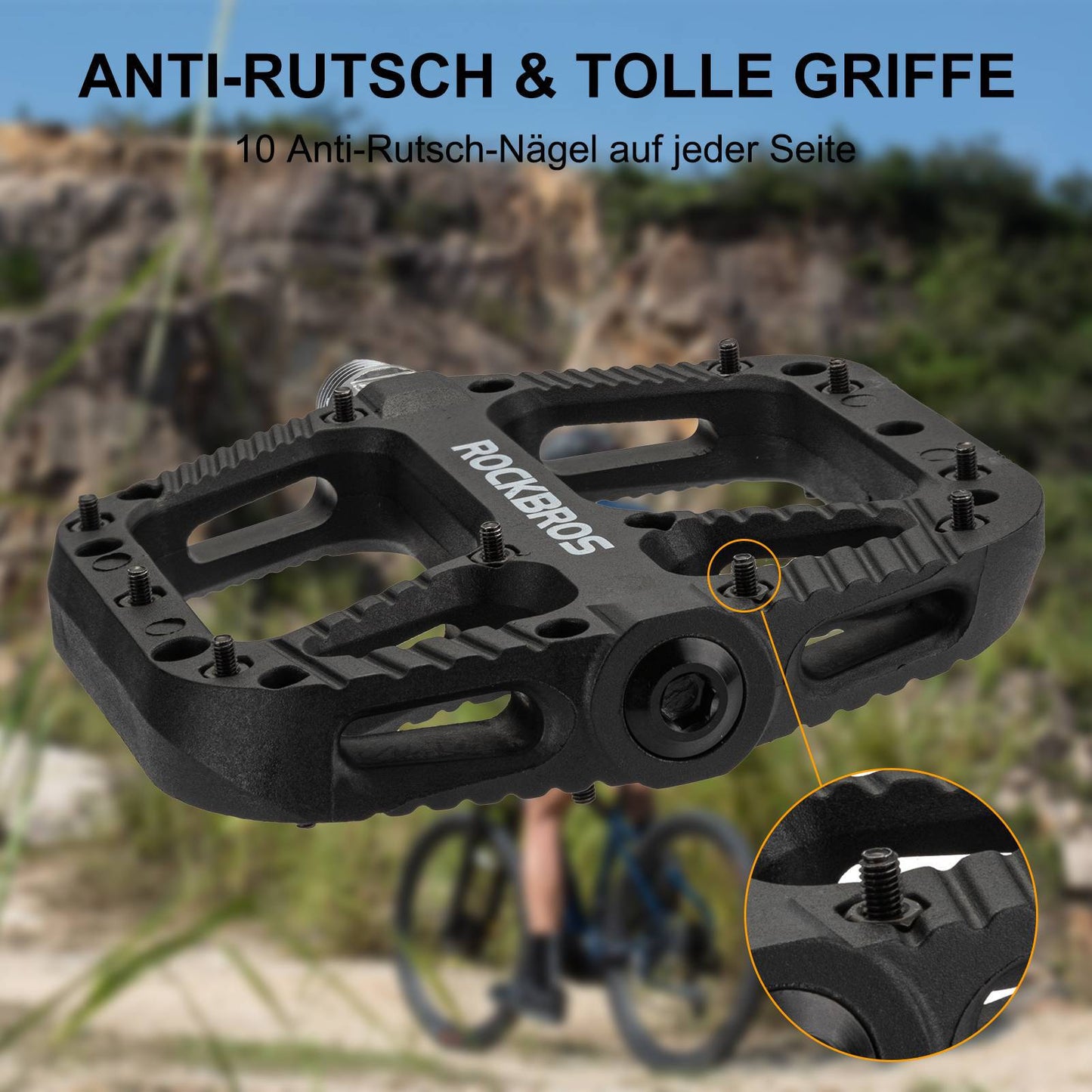 ROCKBROS reiðhjólapedalar úr nylon, flatir pedalar, 9/16 tommur með 3 legum