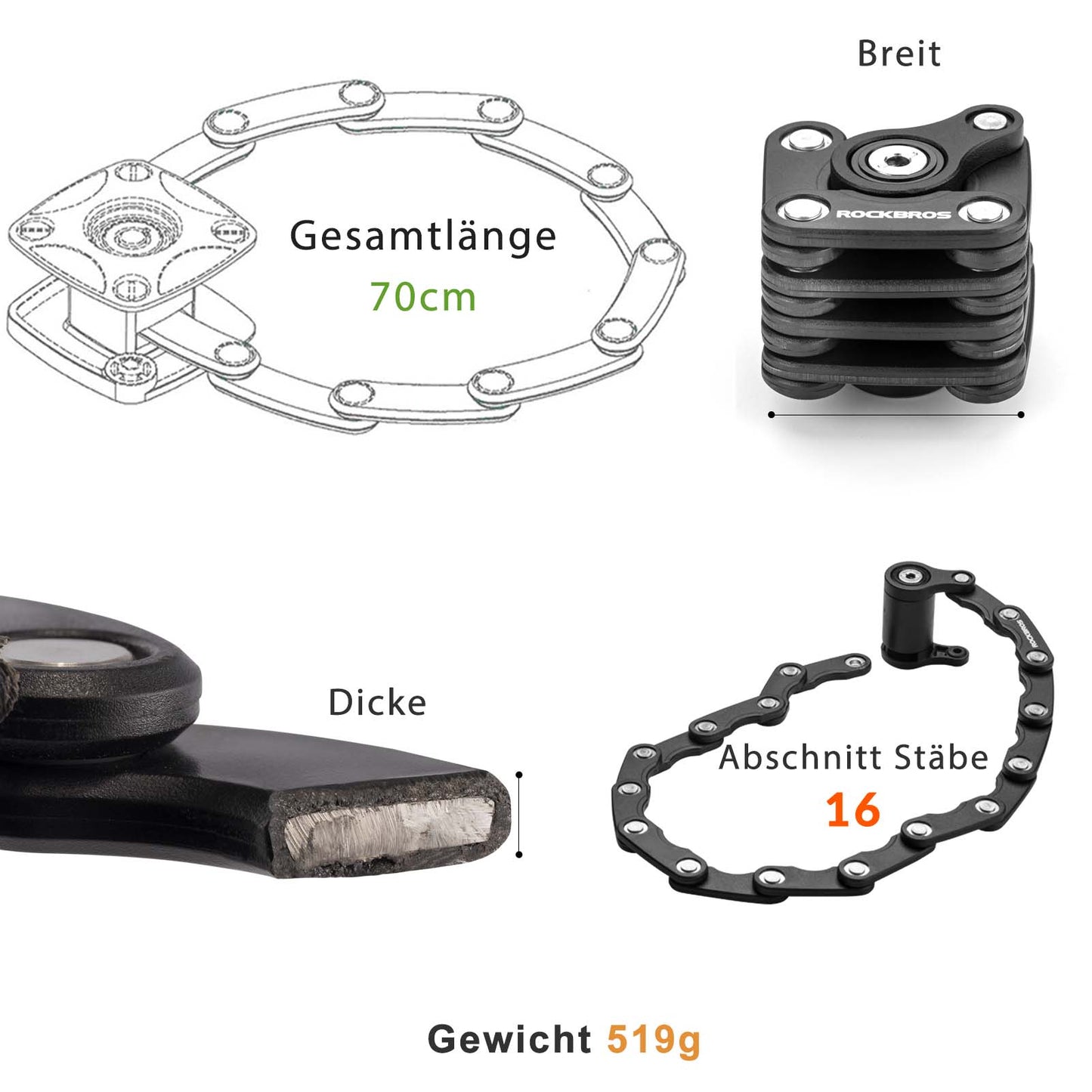 ROCKBROS reiðhjólalás samanbrjótanlegur 70 cm langur svartur