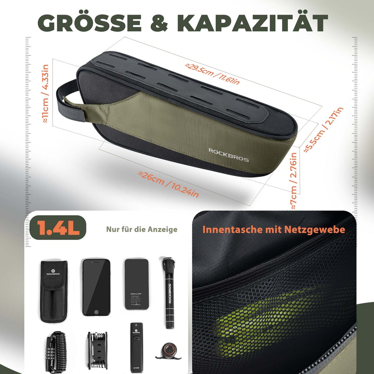 ROCKBROS hjólataska með endurskinsgetu, 1,4 lítra rammapoka