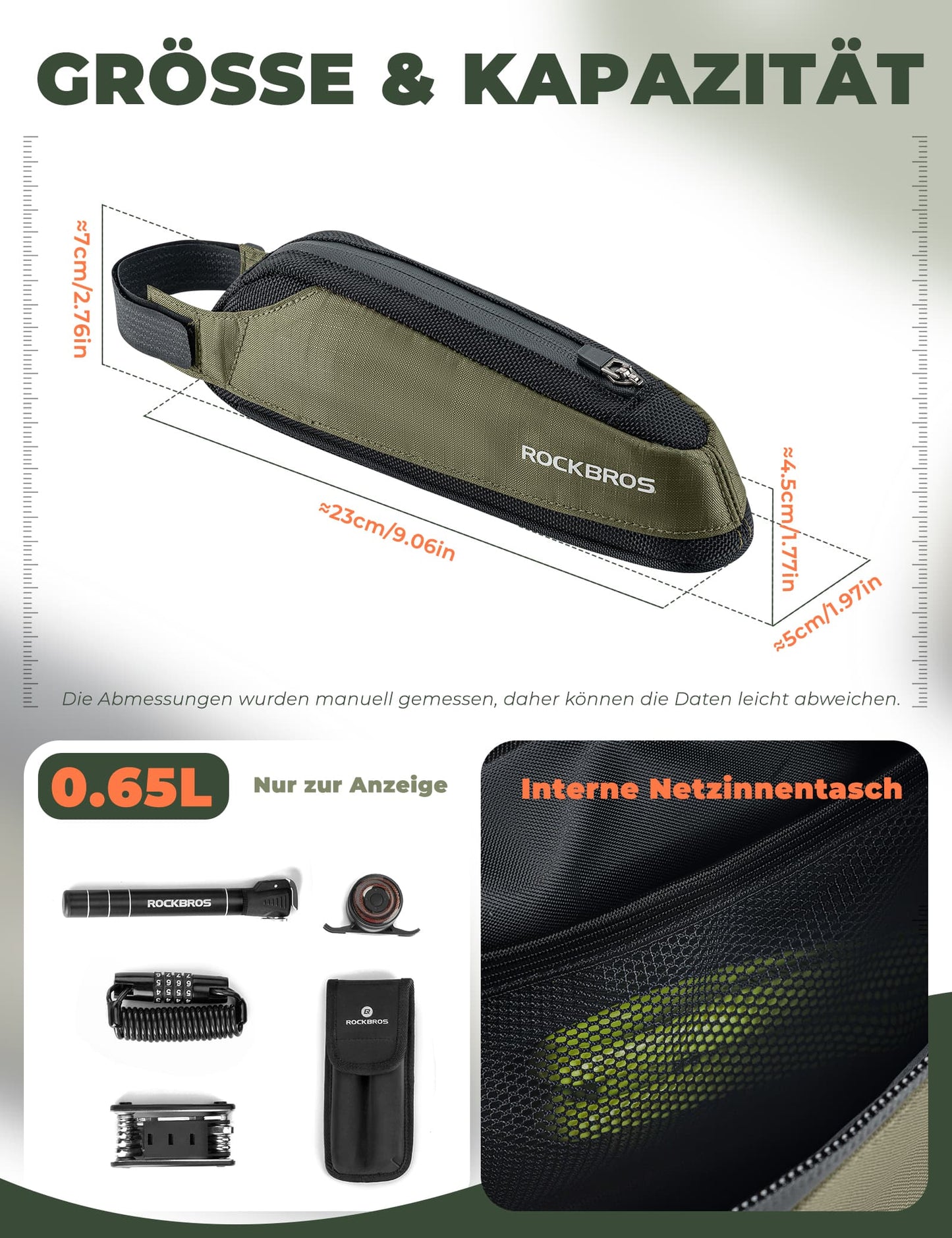 ROCKBROS Bicycle Bag Reflective Top Tube Bag Dark Green 0.65L