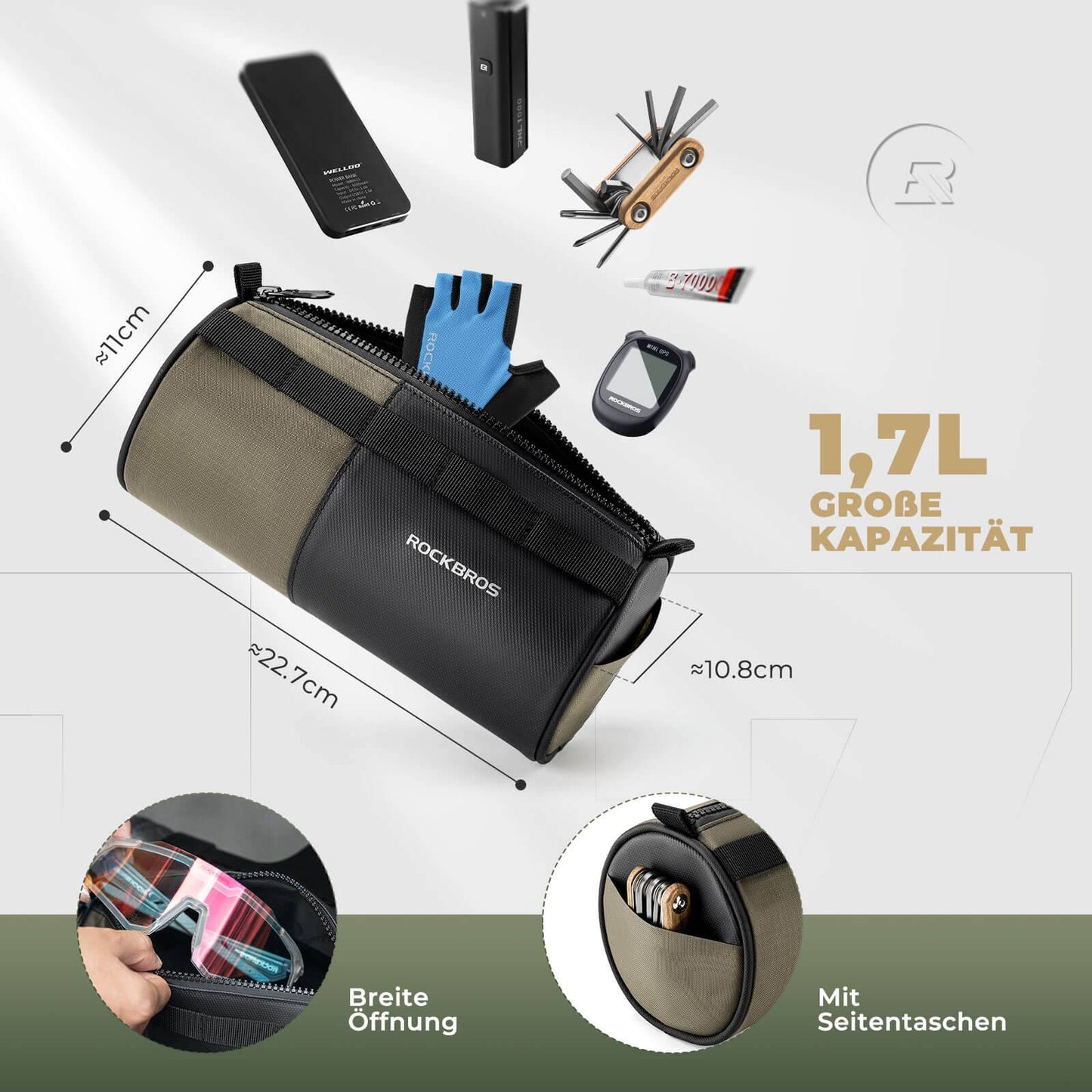 ROCKBROS Bicycle Bag Cylindrical Handlebar Bag 1.7L with Shoulder Strap