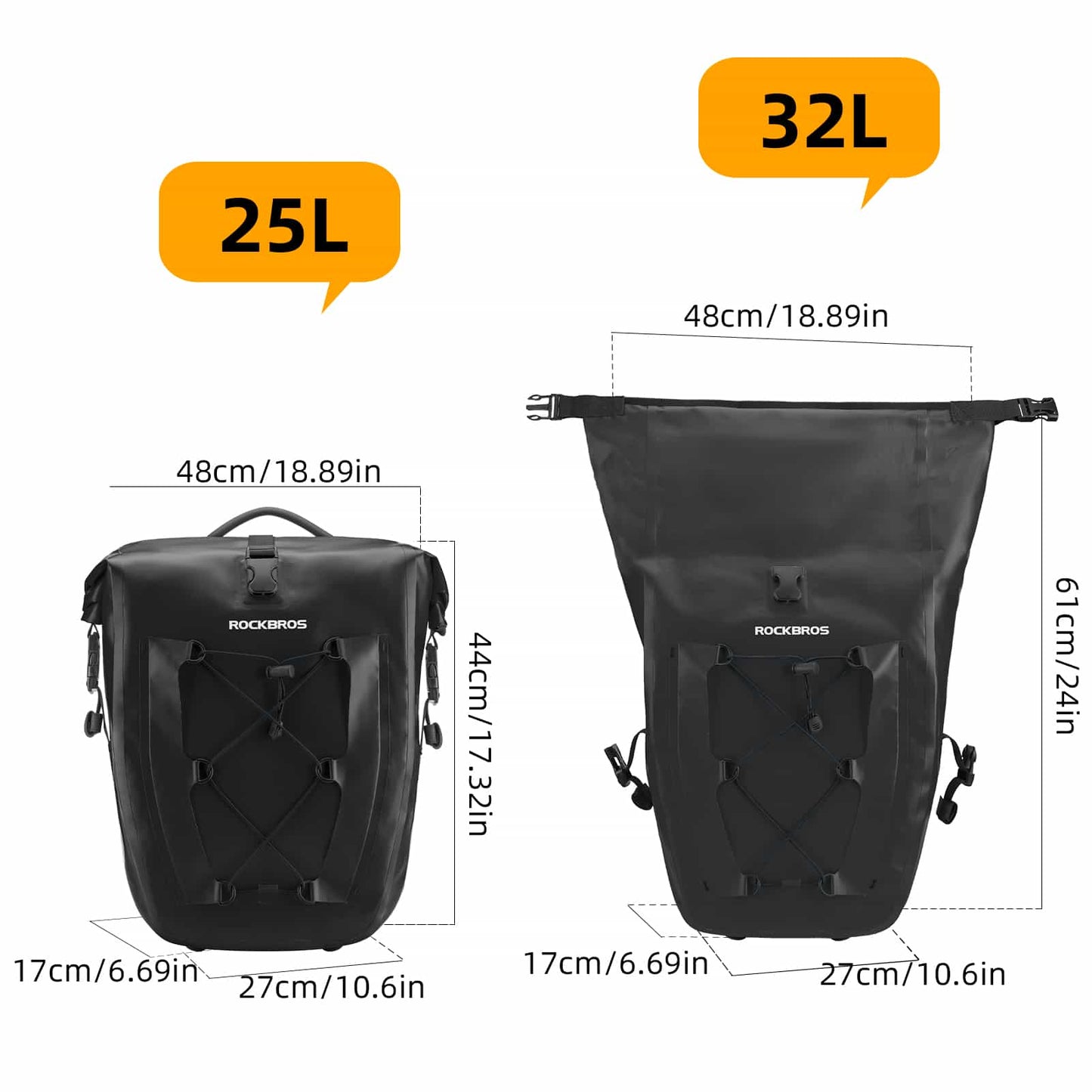 ROCKBROS Gepäckträgertasche 25L-32L 100 % wasserdicht mit Tragegriff