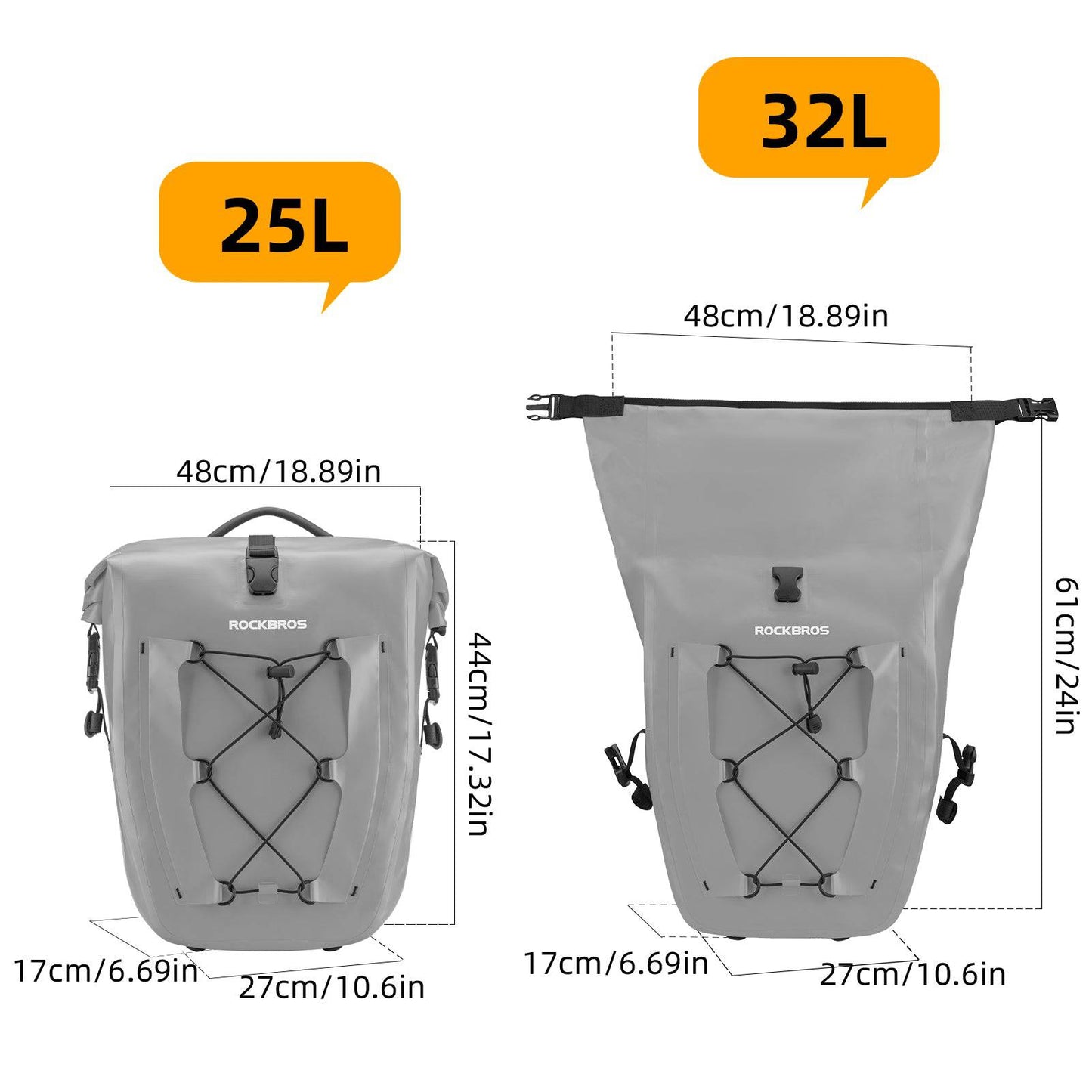 ROCKBROS Gepäckträgertasche 25L-32L 100 % wasserdicht mit Tragegriff