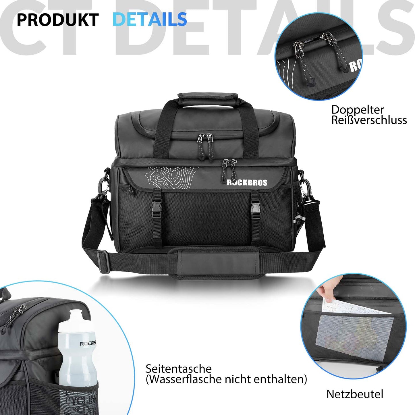 ROCKBROS hjólabrettataska með axlaról, kælitaska, einangruð nestispoki, svört