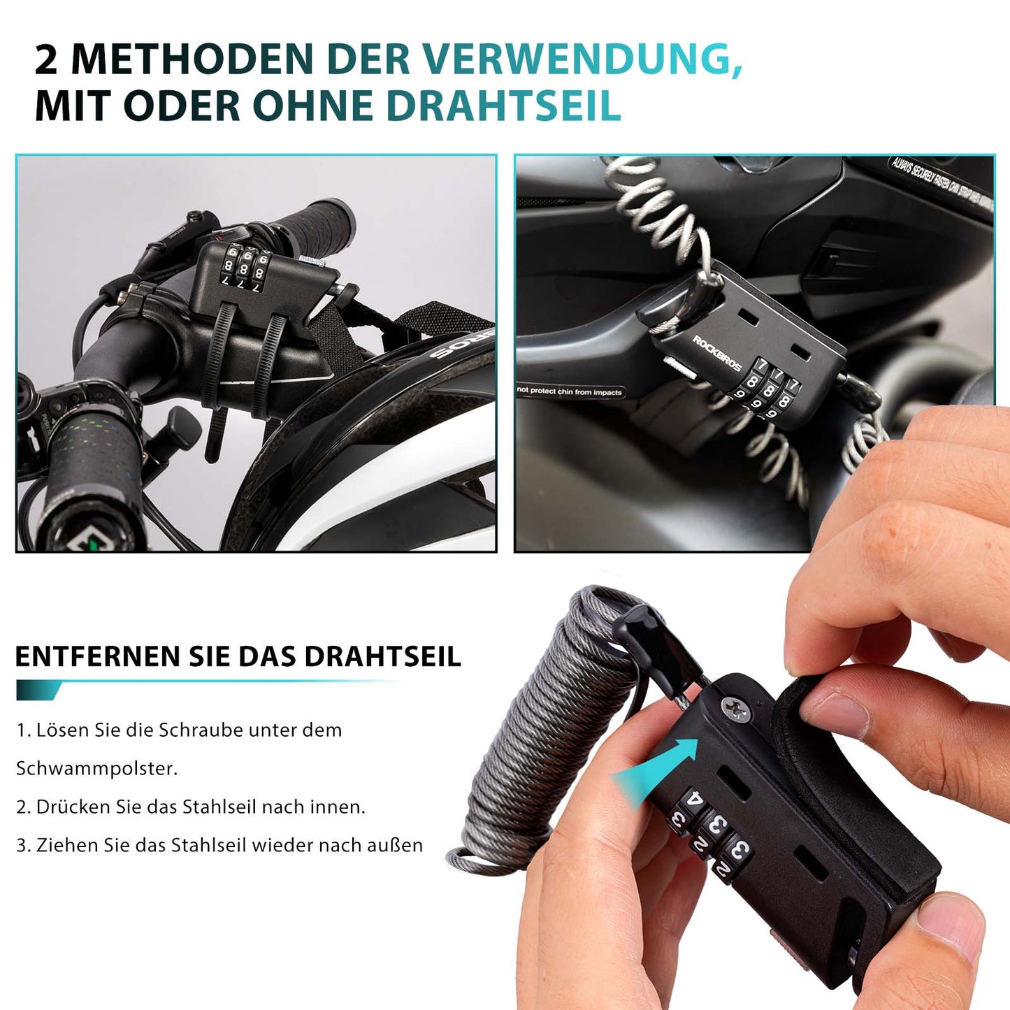 ROCKBROS Helmet Lock 150 cm Combination Lock 3-Digit Code