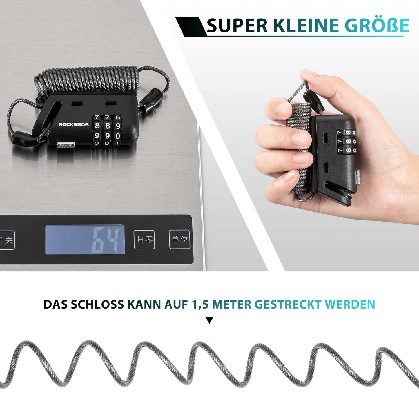 ROCKBROS Helmet Lock 150 cm Combination Lock 3-Digit Code