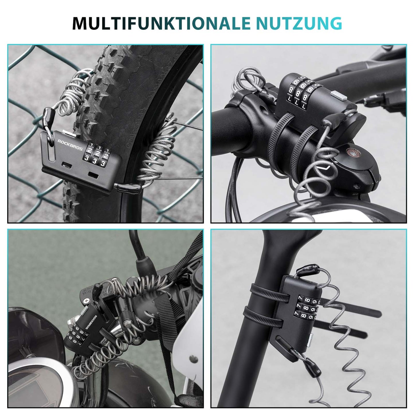 ROCKBROS Helmet Lock 150 cm Combination Lock 3-Digit Code