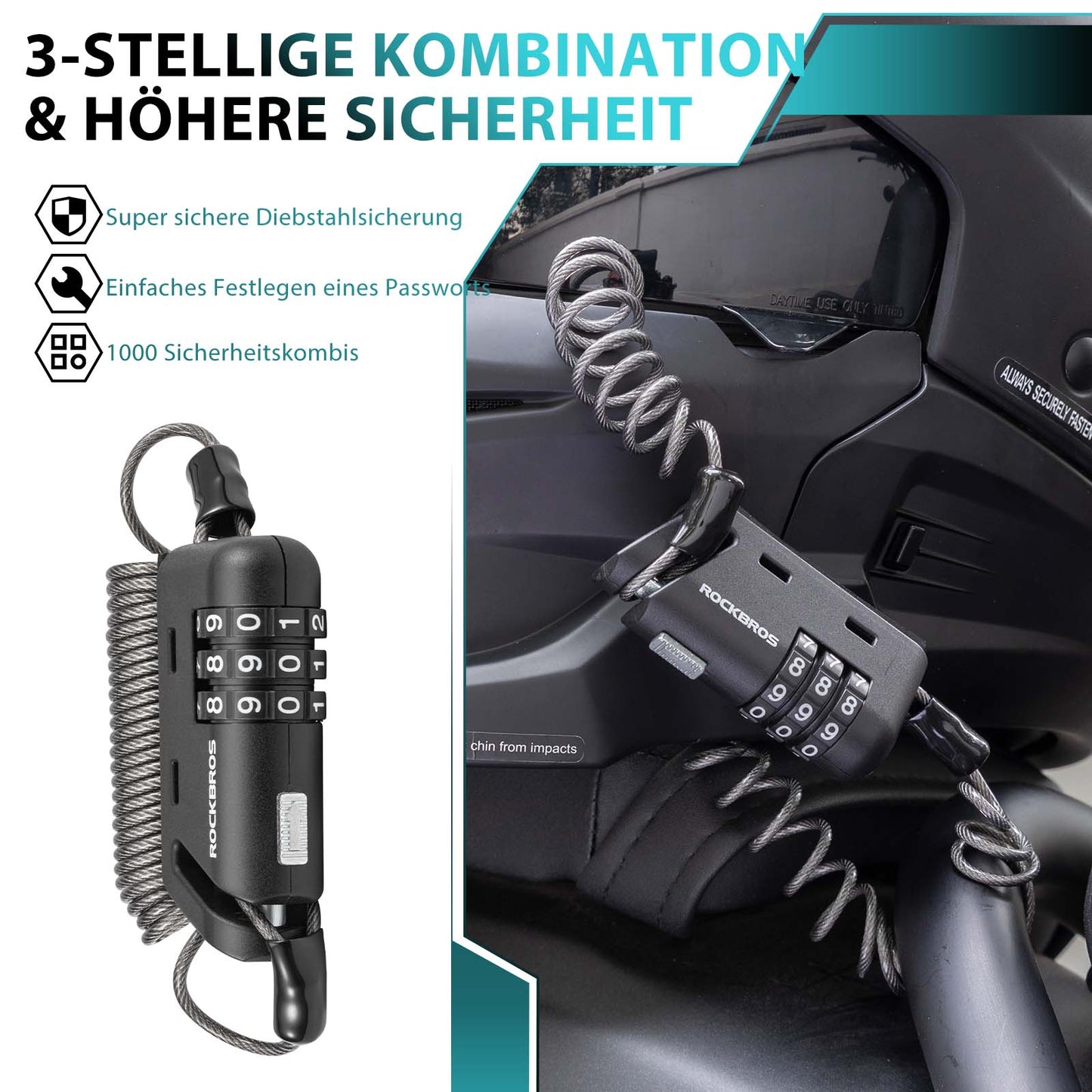 ROCKBROS Helmet Lock 150 cm Combination Lock 3-Digit Code