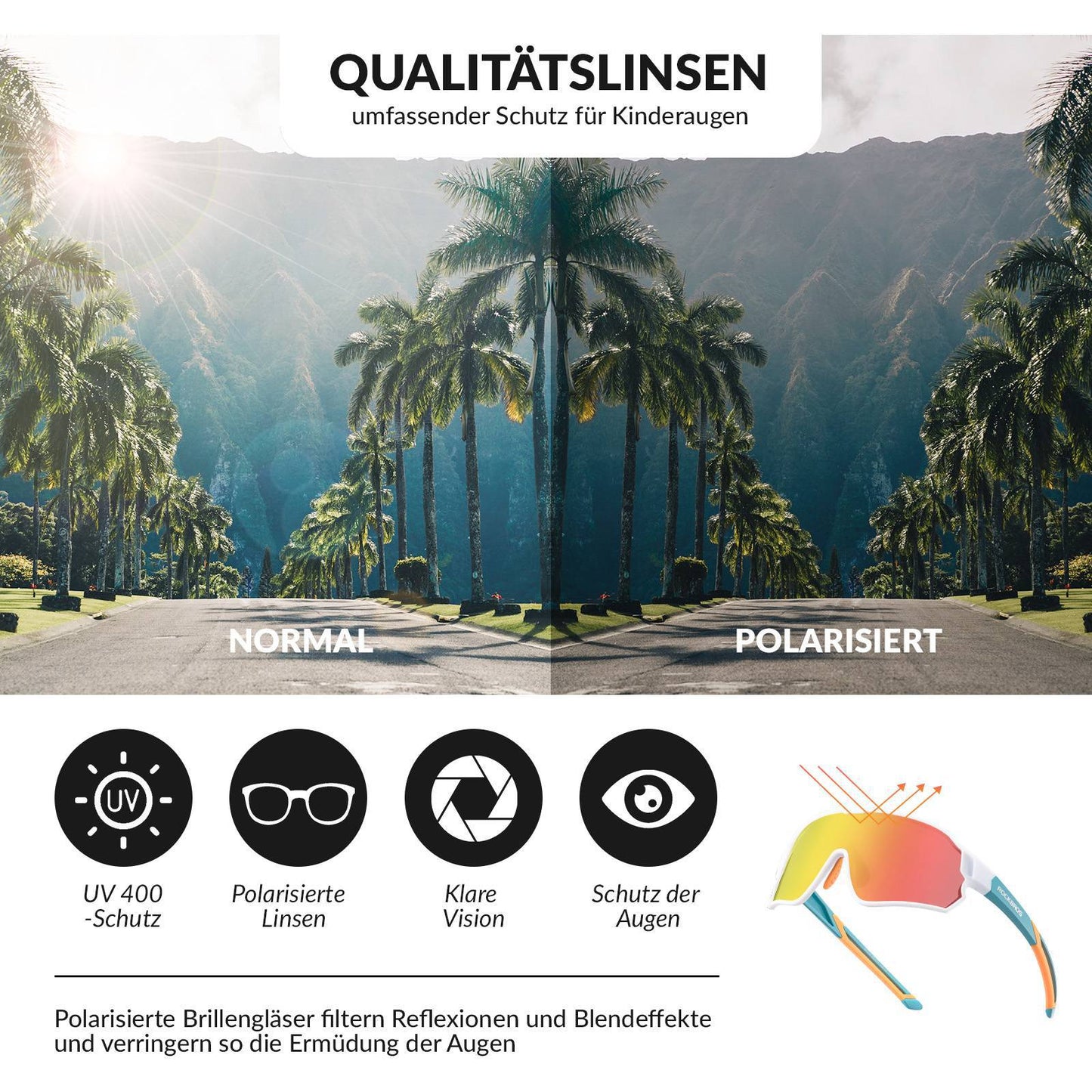 ROCKBROS Kinder Fahrradbrille UV400-Schutz Polarisierte Sonnenbrille