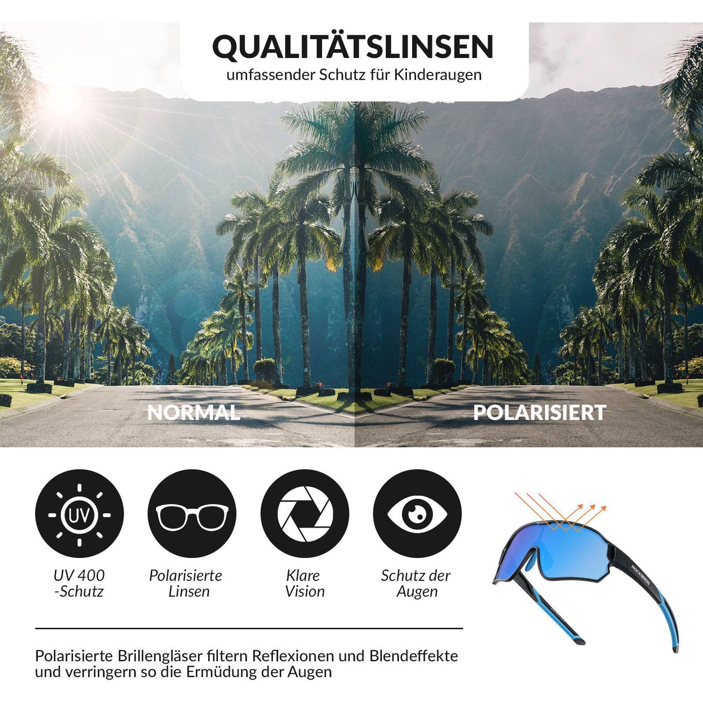 ROCKBROS Kinder Fahrradbrille UV400-Schutz Polarisierte Sonnenbrille