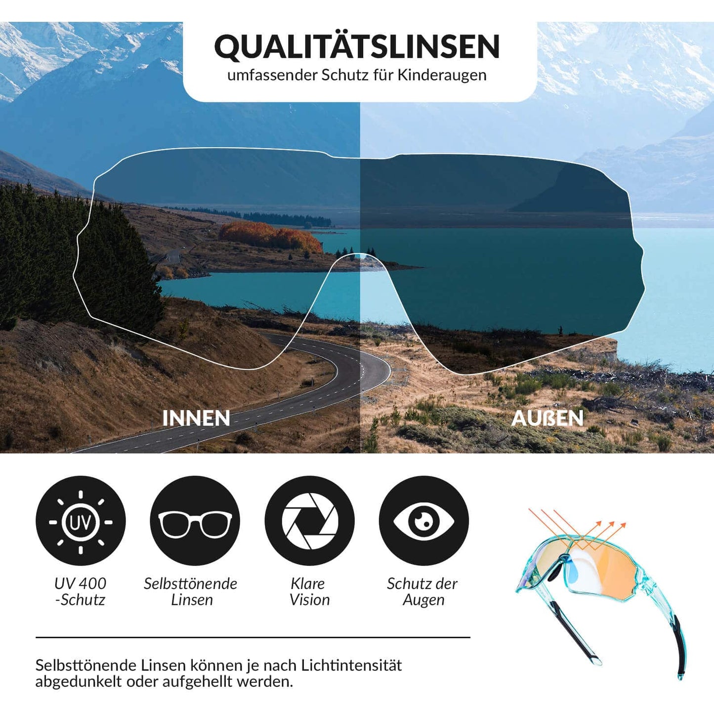 ROCKBROS Hjólreiðagleraugu fyrir börn með UV400 vörn og ljóskrómuðum sólgleraugum