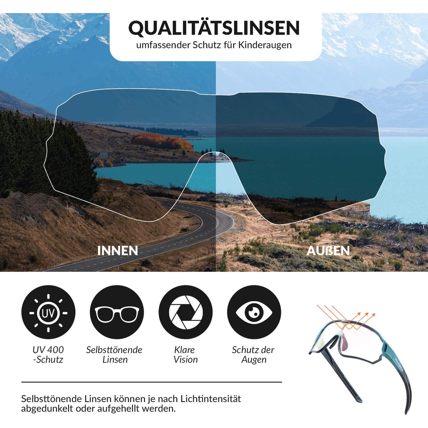 ROCKBROS Hjólreiðagleraugu fyrir börn með UV400 vörn og ljóskrómuðum sólgleraugum