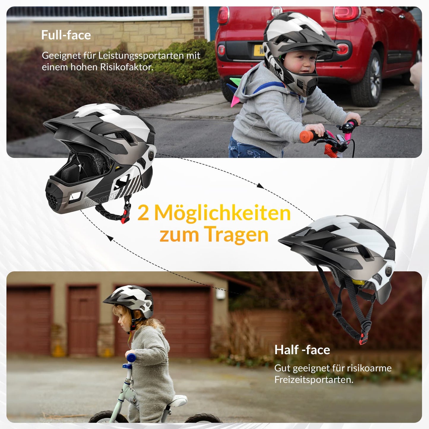 ROCKBROS Kinderhelm BMX MTB Downhill Helm mit Abnehmbarem Kinnschutz und Krempe