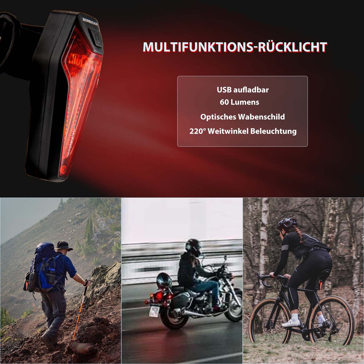 ROCKBROS LED hinten Fahrradlicht Aufladbarer IPX5 Wasserdicht