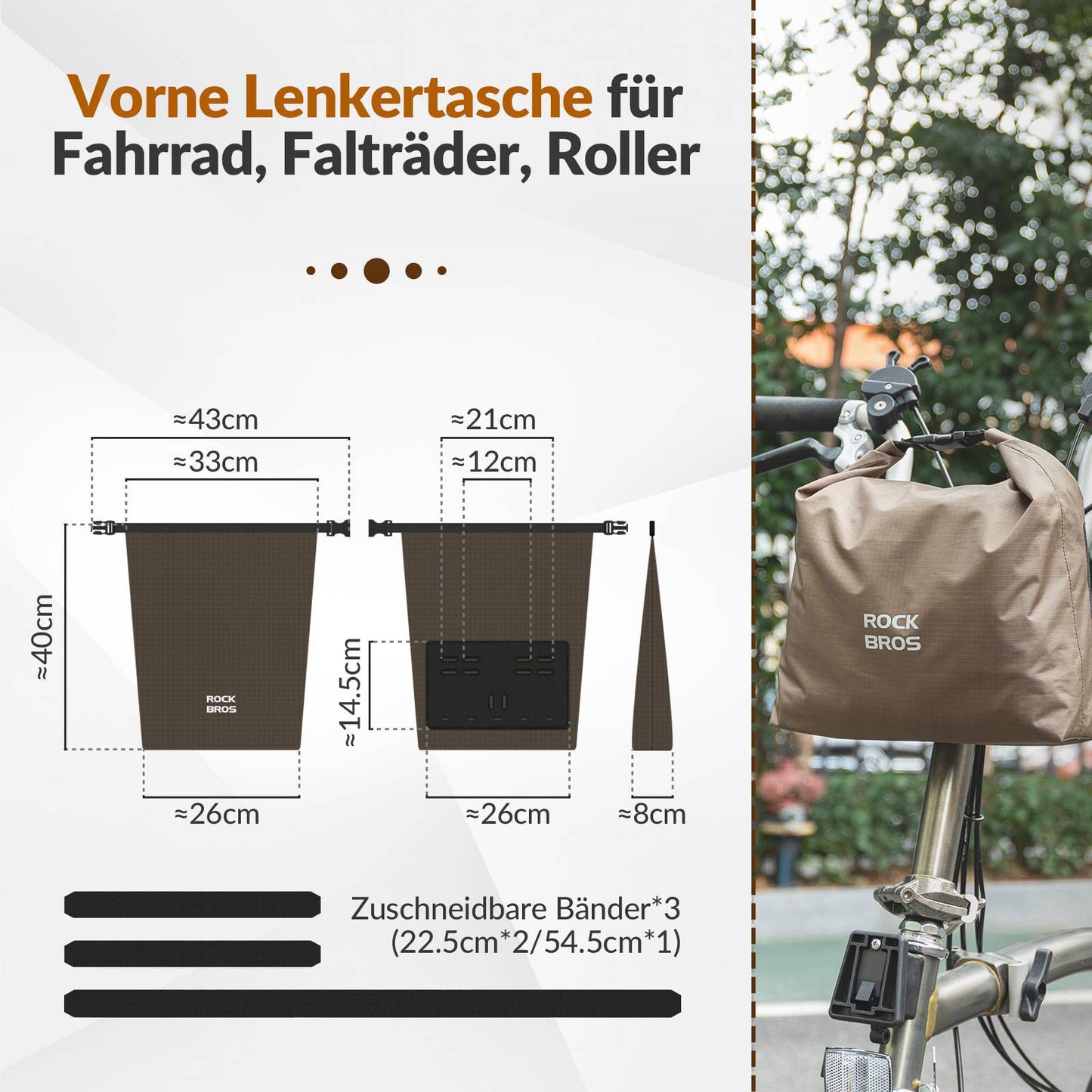 ROCKBROS Lenkertasche Wasserdichte Fahrradkorb Fronttasche Einstellbar 2,5L-4L