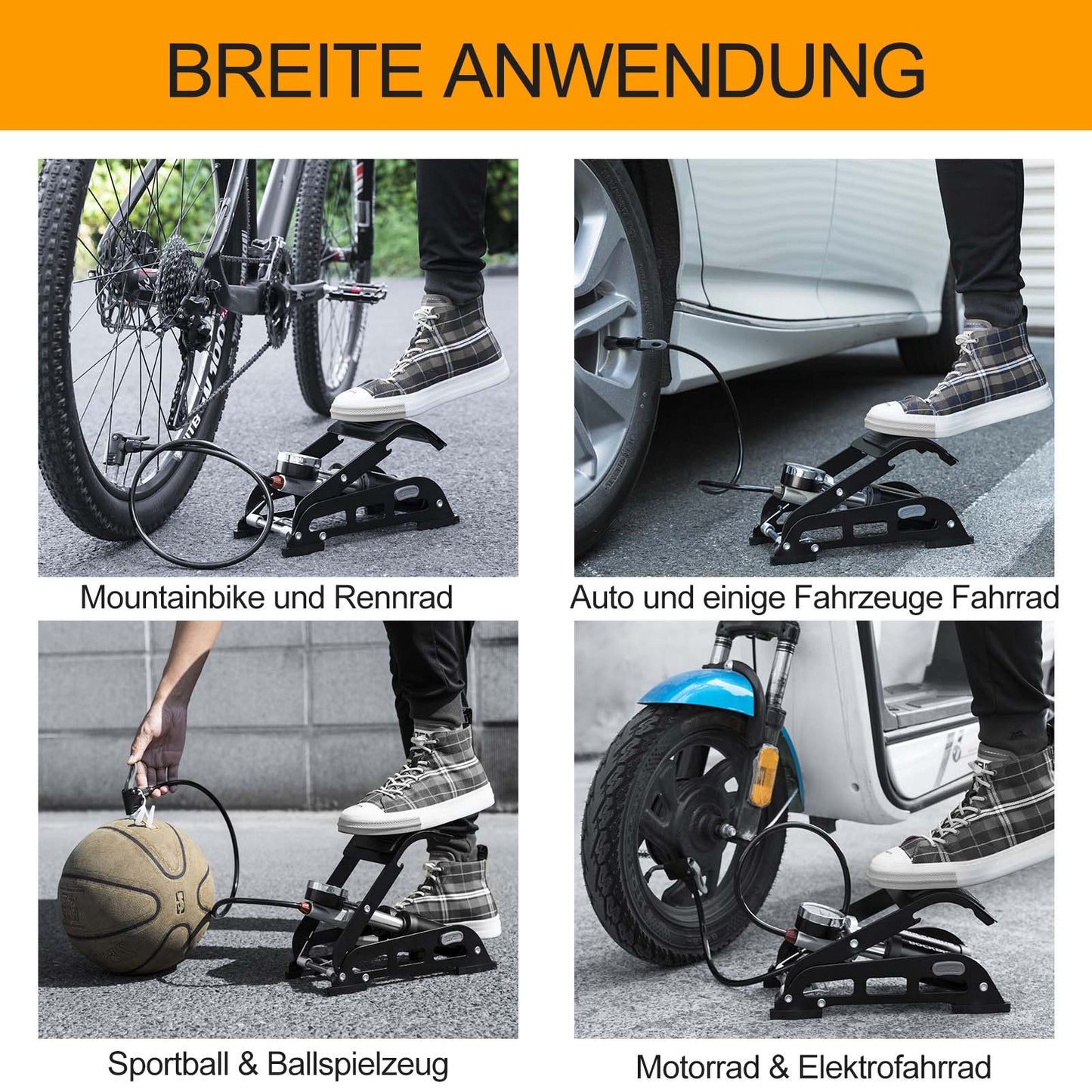 ROCKBROS loftdæla fótdæla með tvöföldum strokk og þrýstimæli