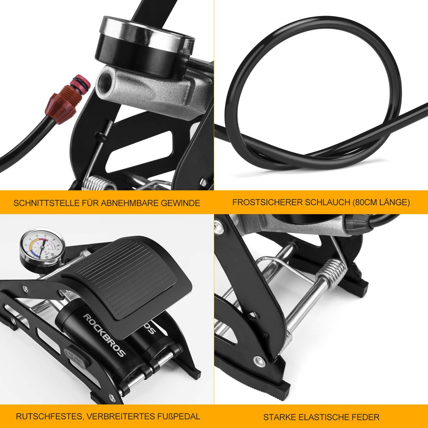 ROCKBROS loftdæla fótdæla með tvöföldum strokk og þrýstimæli