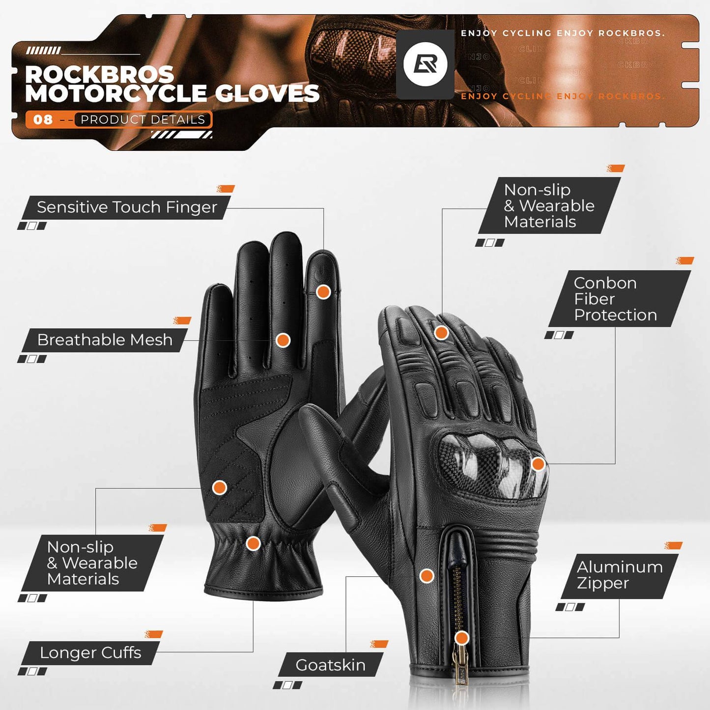 ROCKBROS Motorcycle Gloves Touchscreen Leather Full Finger Gloves Breathable