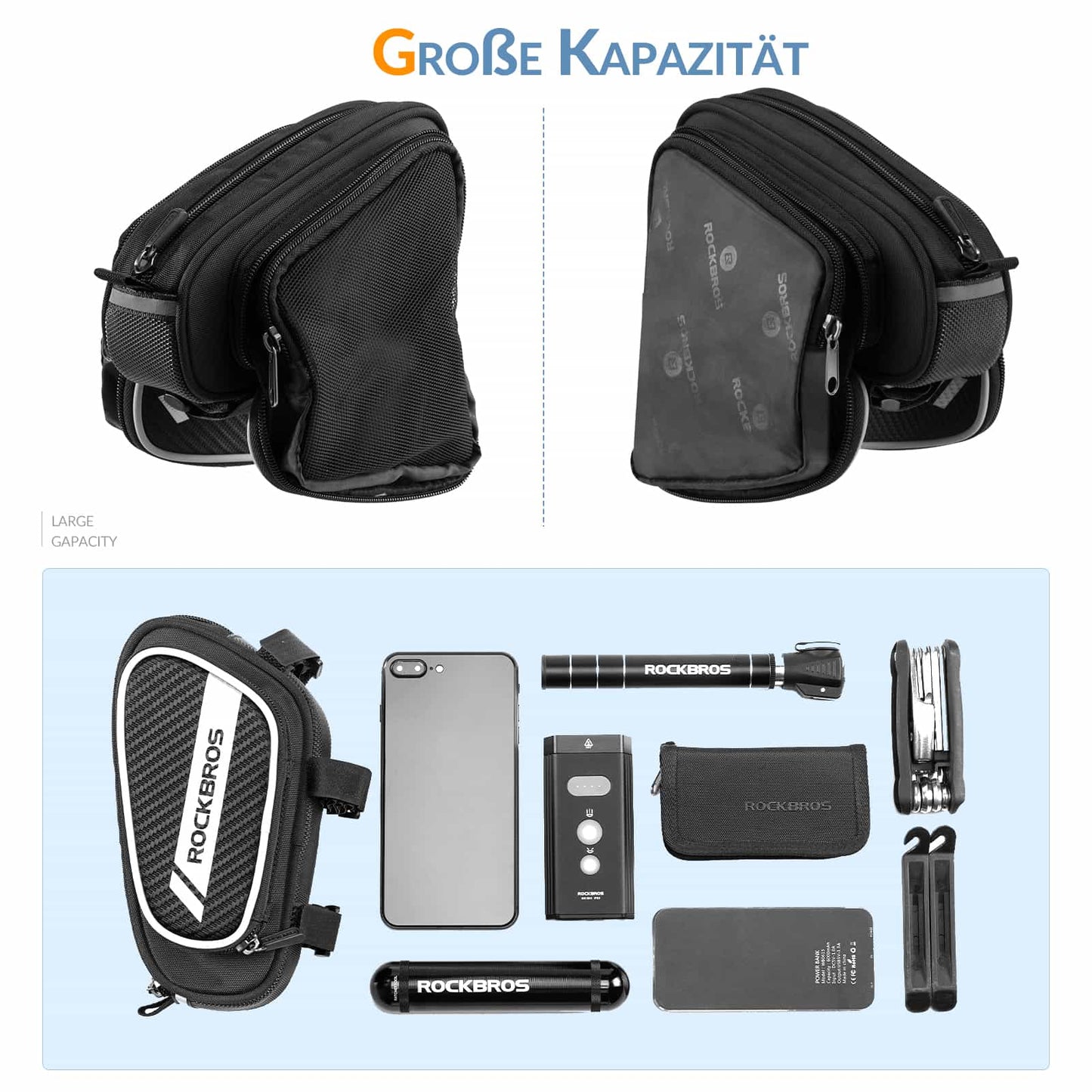 ROCKBROS poki fyrir efri rör með endurskinsmyndum og tveimur hliðarvösum, 1,8 lítrar